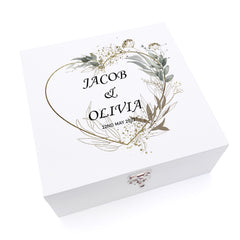 Personalised Luxury Wooden Wedding Box Keepsakes With Silver Green Leaf Heart
