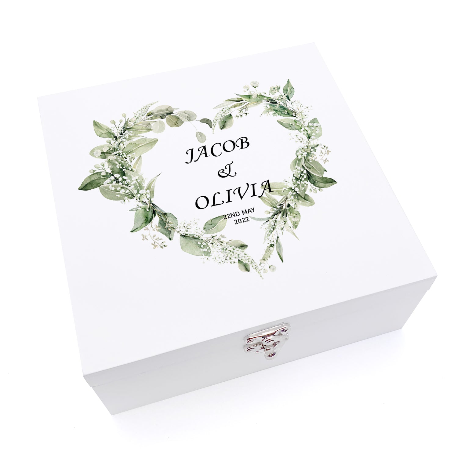 Personalised Luxury Wooden Wedding Box Keepsakes With Floral Green Heart Keepsake Wooden Box ukgiftstoreonline Medium