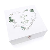 Personalised Luxury Wooden Wedding Box Keepsakes With Green Clover Leaf Heart