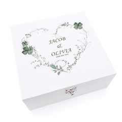 Personalised Luxury Wooden Wedding Box Keepsakes With Green Clover Leaf Heart