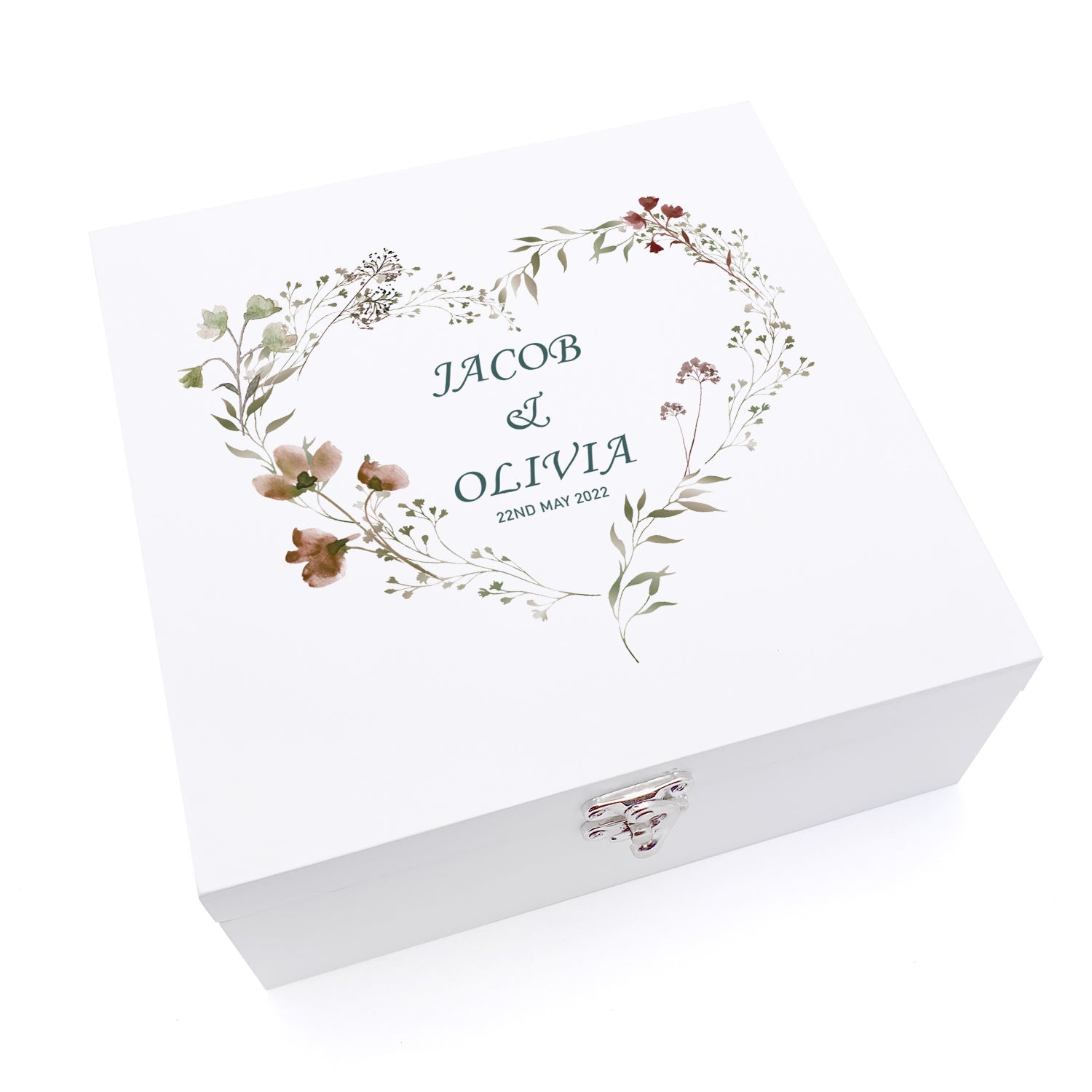 Personalised Luxury Wooden Wedding Box Keepsakes With Watercolour Floral Heart Keepsake Wooden Box ukgiftstoreonline Medium