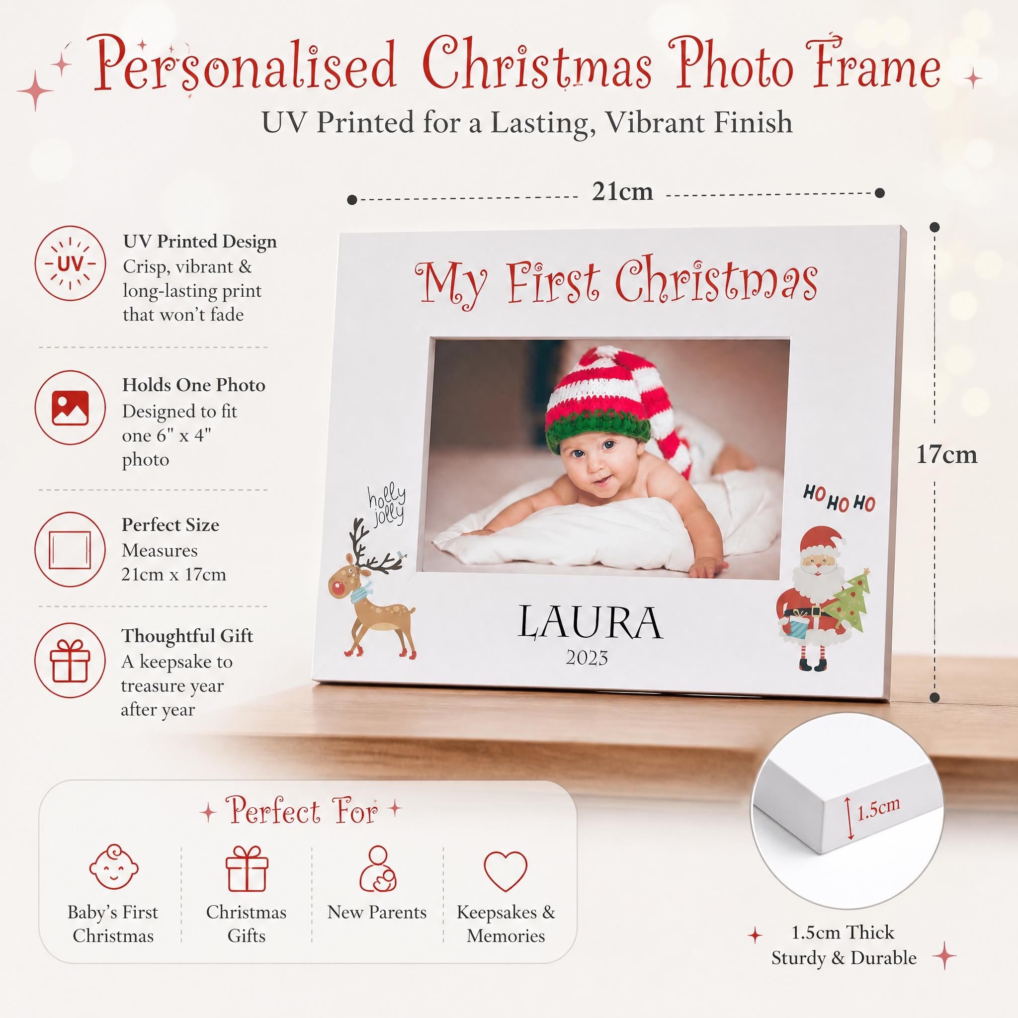 a personalized christmas photo frame with a picture of a baby