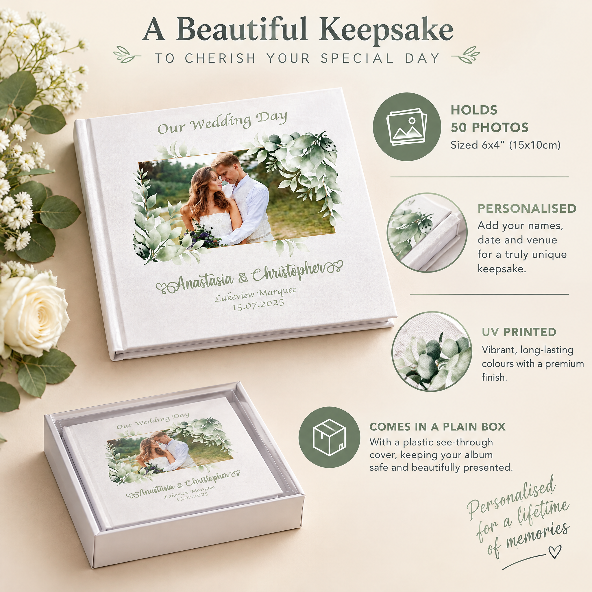 Personalised White Wedding Photo Album Gifts Custom Photo Design With Leaves Frame photo album ukgiftstoreonline