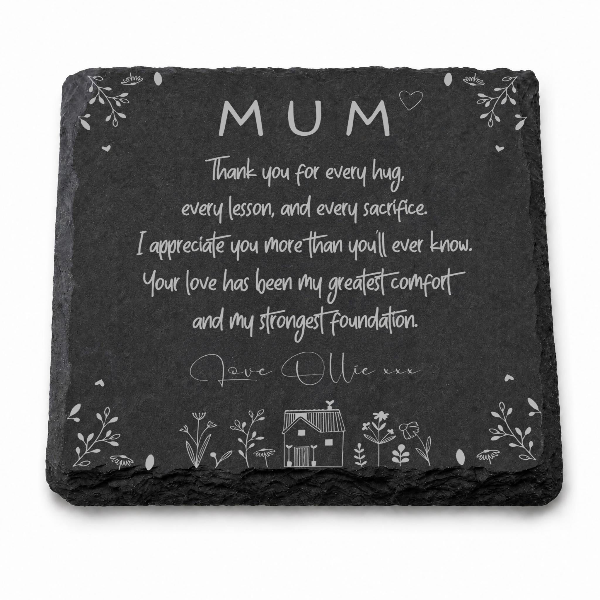 The image is a black slate with a heartfelt message written on it, expressing gratitude and appreciation for the love and sacrifices of a mother.