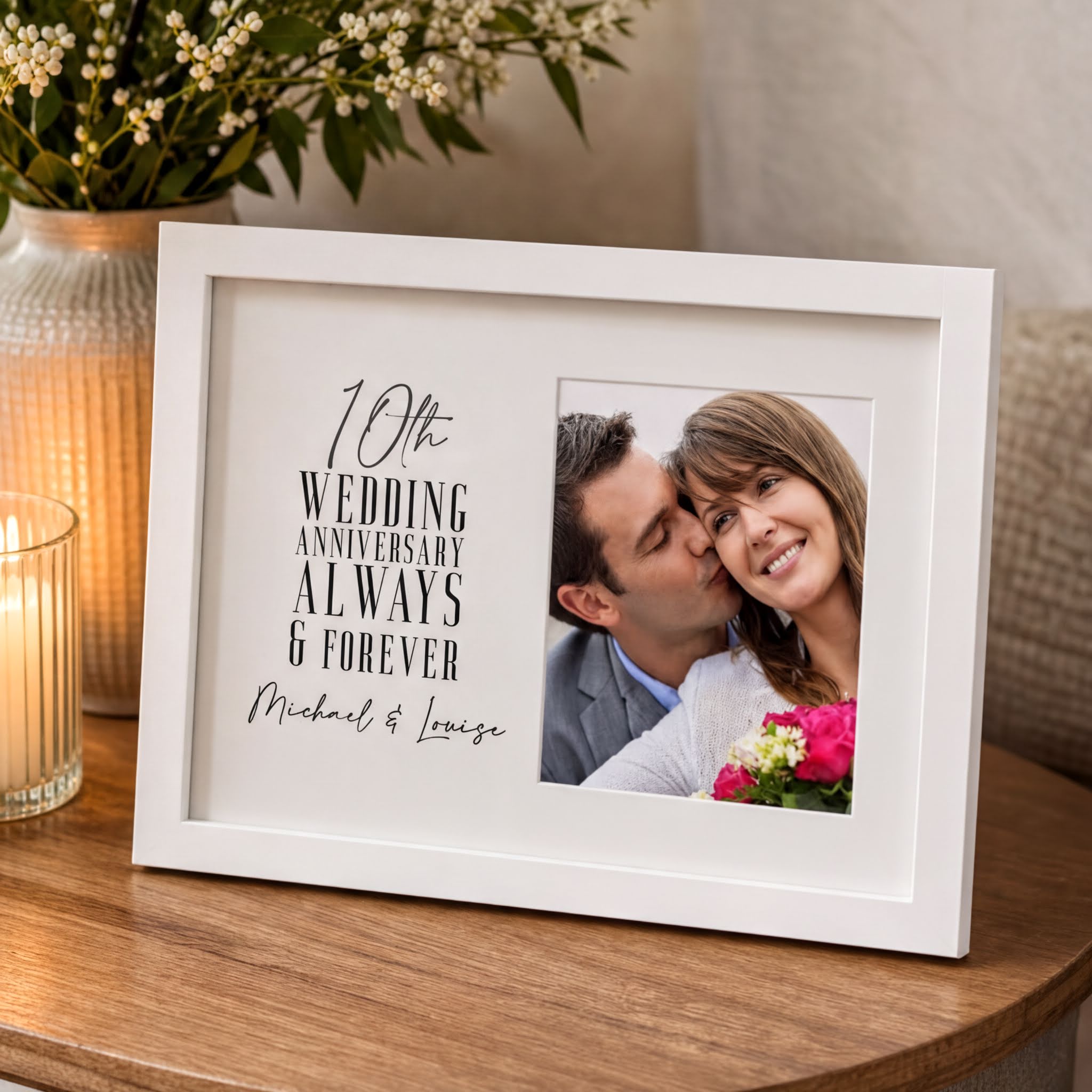 10th Wedding Anniversary Frame – Personalised Photo Frame With White Wood Finish Anniversary Photo Frame ukgiftstoreonline