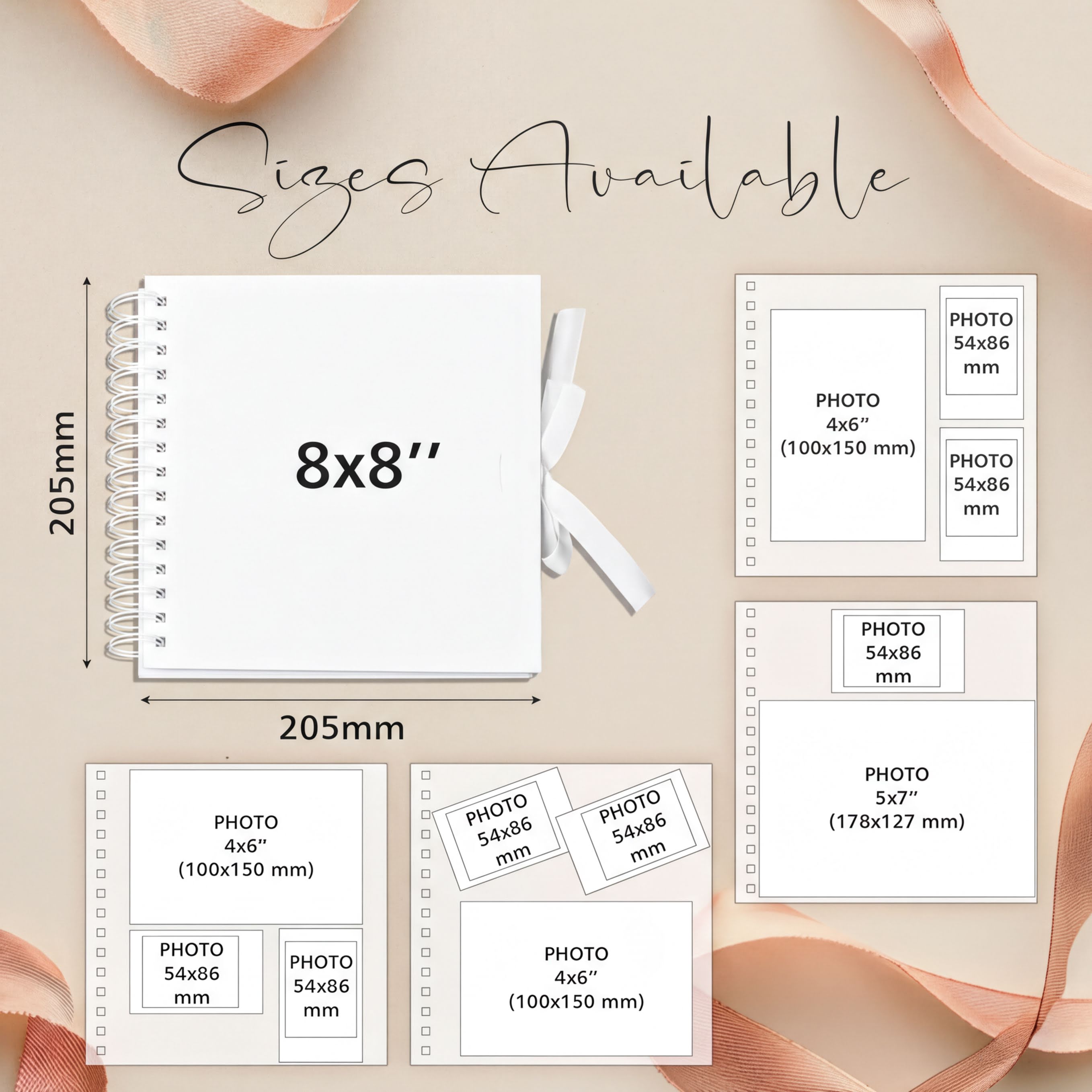 a variety of sizes available for photo books, ranging from 5x7" to 5x6" and 5x6" to 5x7" (100x150 mm). The sizes are labeled with their corresponding dimensions, such as "205mm" and "205mm" for the 5x7" photo book.