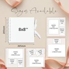 a variety of sizes available for photo books, ranging from 5x7" to 5x6" and 5x6" to 5x7" (100x150 mm). The sizes are labeled with their corresponding dimensions, such as "205mm" and "205mm" for the 5x7" photo book.