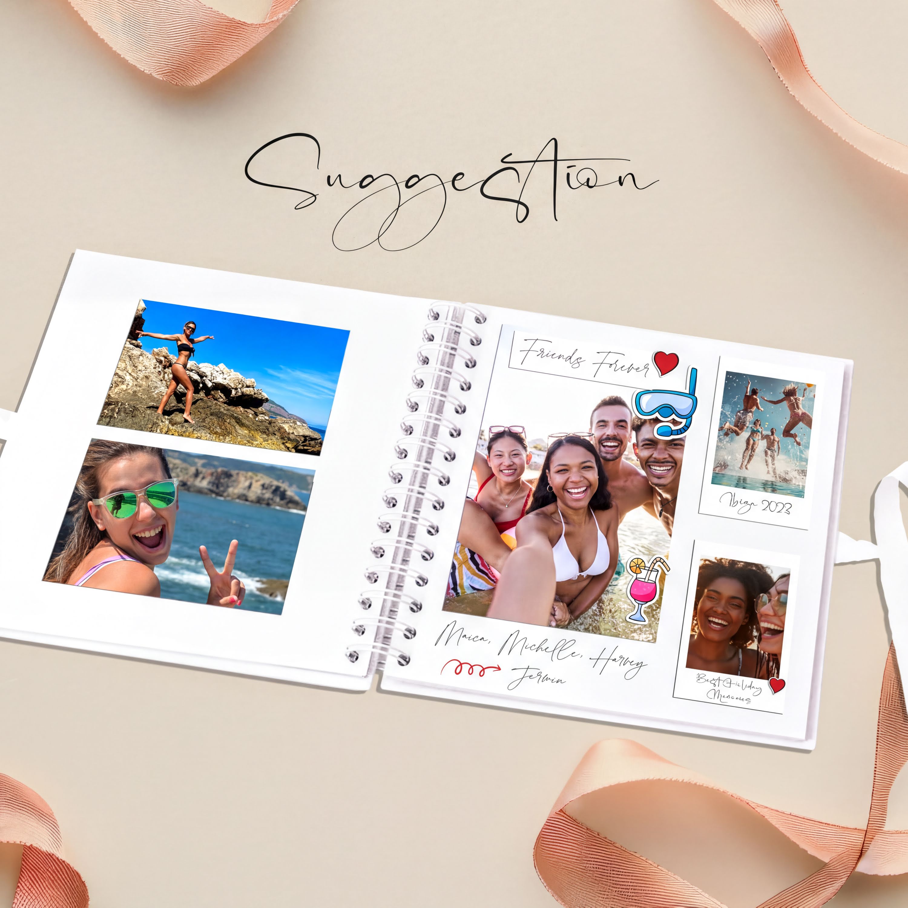 The image is a photo album with a collage of four photos, including a photo of a woman smiling, a photo of a group of people posing, a photo of a woman with a peace sign, and a photo of a woman with a heart.