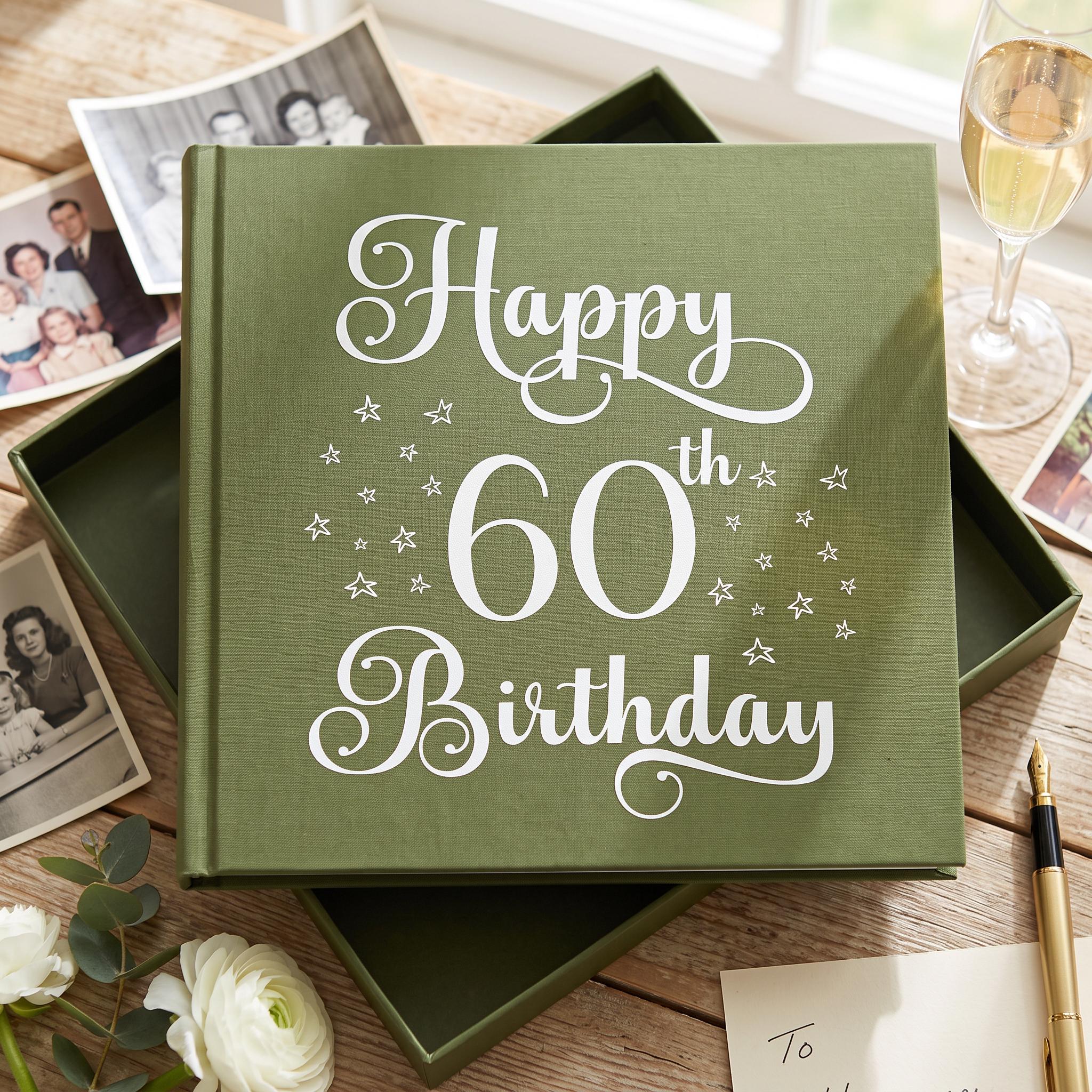 A green book titled "Happy 60th Birthday" sits on a wooden table, surrounded by family photos, a wine glass, and a note.