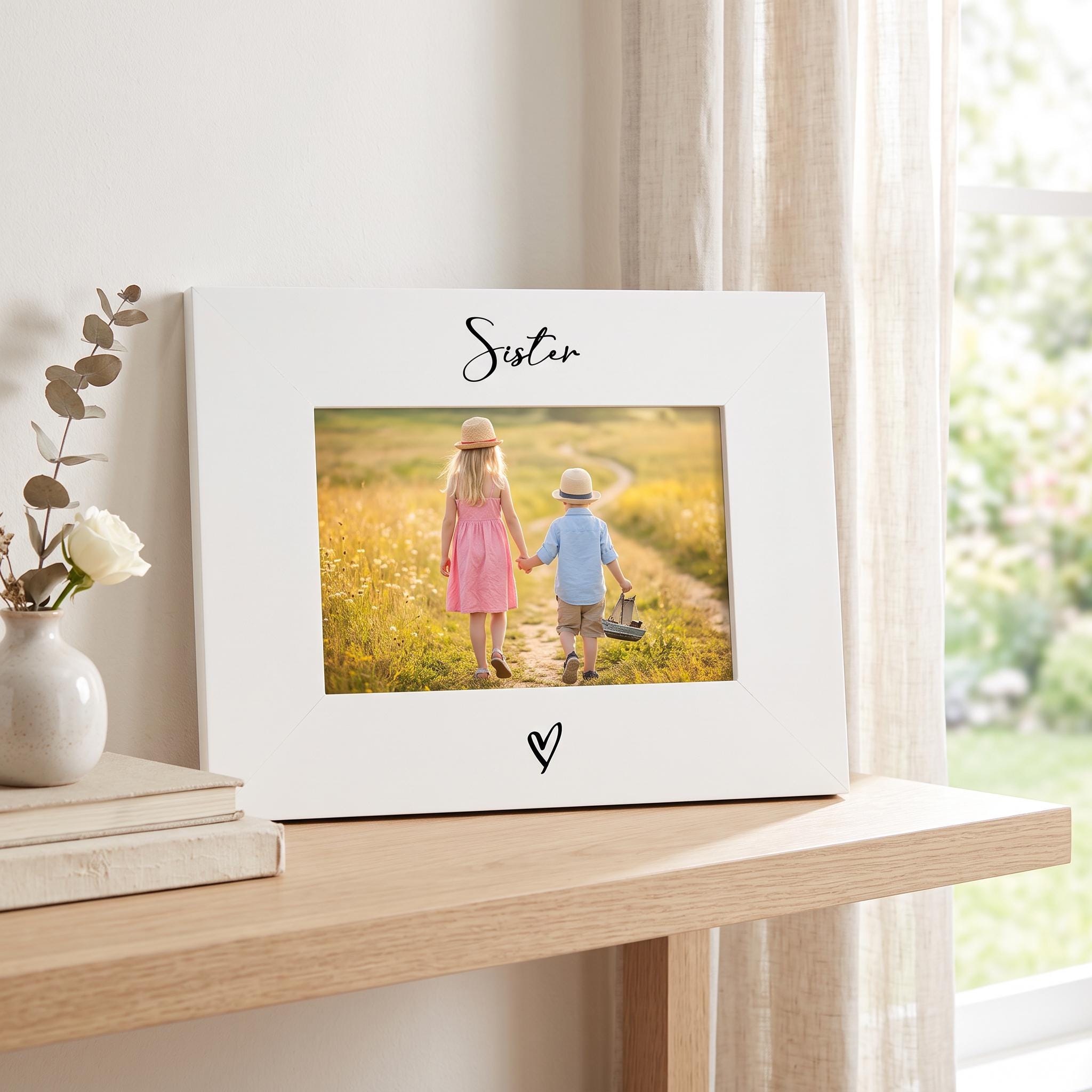 A white picture frame with a photograph of two children, a girl and a boy, standing on a path in a field. The word "Sister" is written above the photograph.