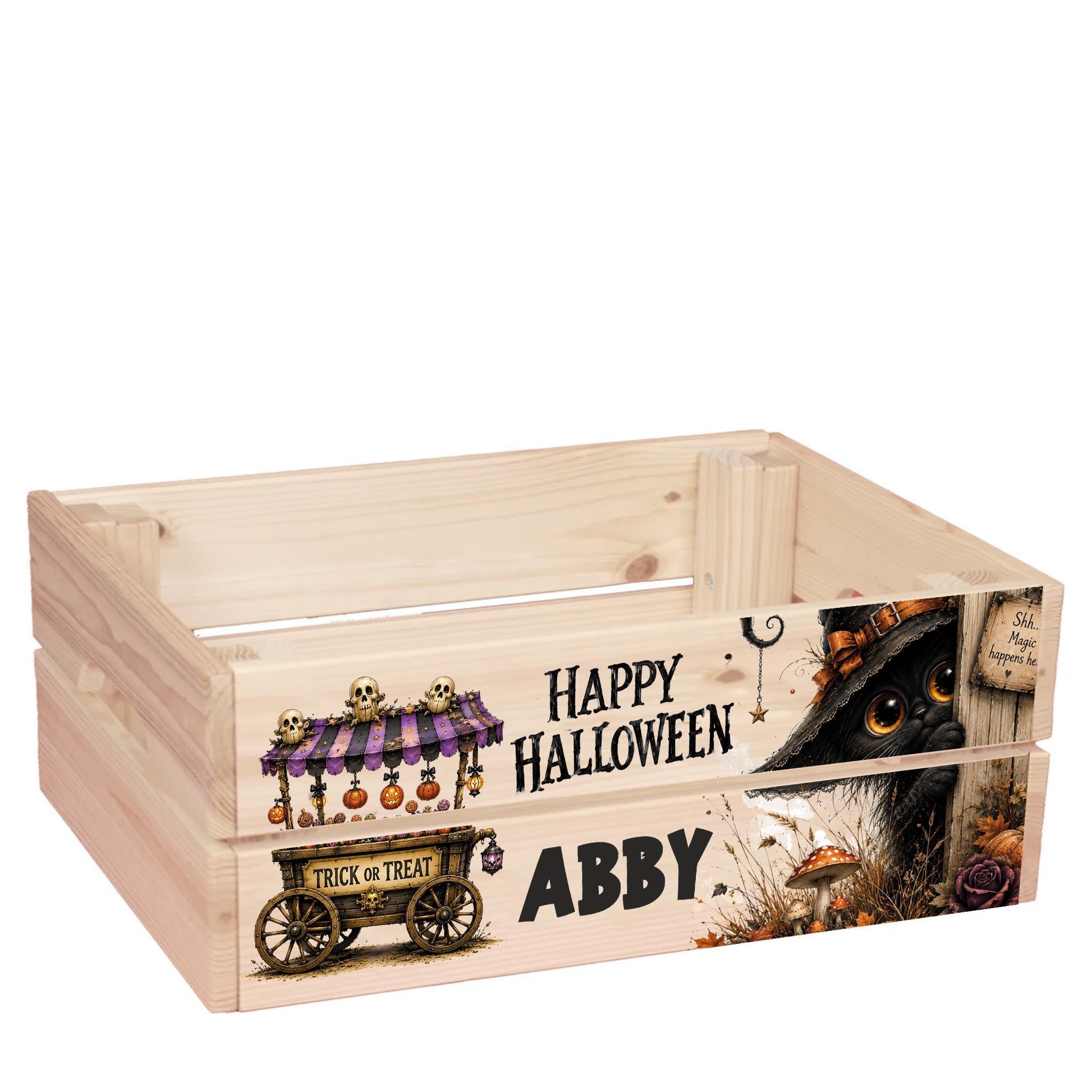 A wooden crate with a Halloween-themed design, including a trick or treat wagon, a black cat, and a "Happy Halloween" message.