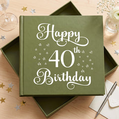 A green box with the text "Happy 40th Birthday" written on it, surrounded by gold stars and a glass of wine.