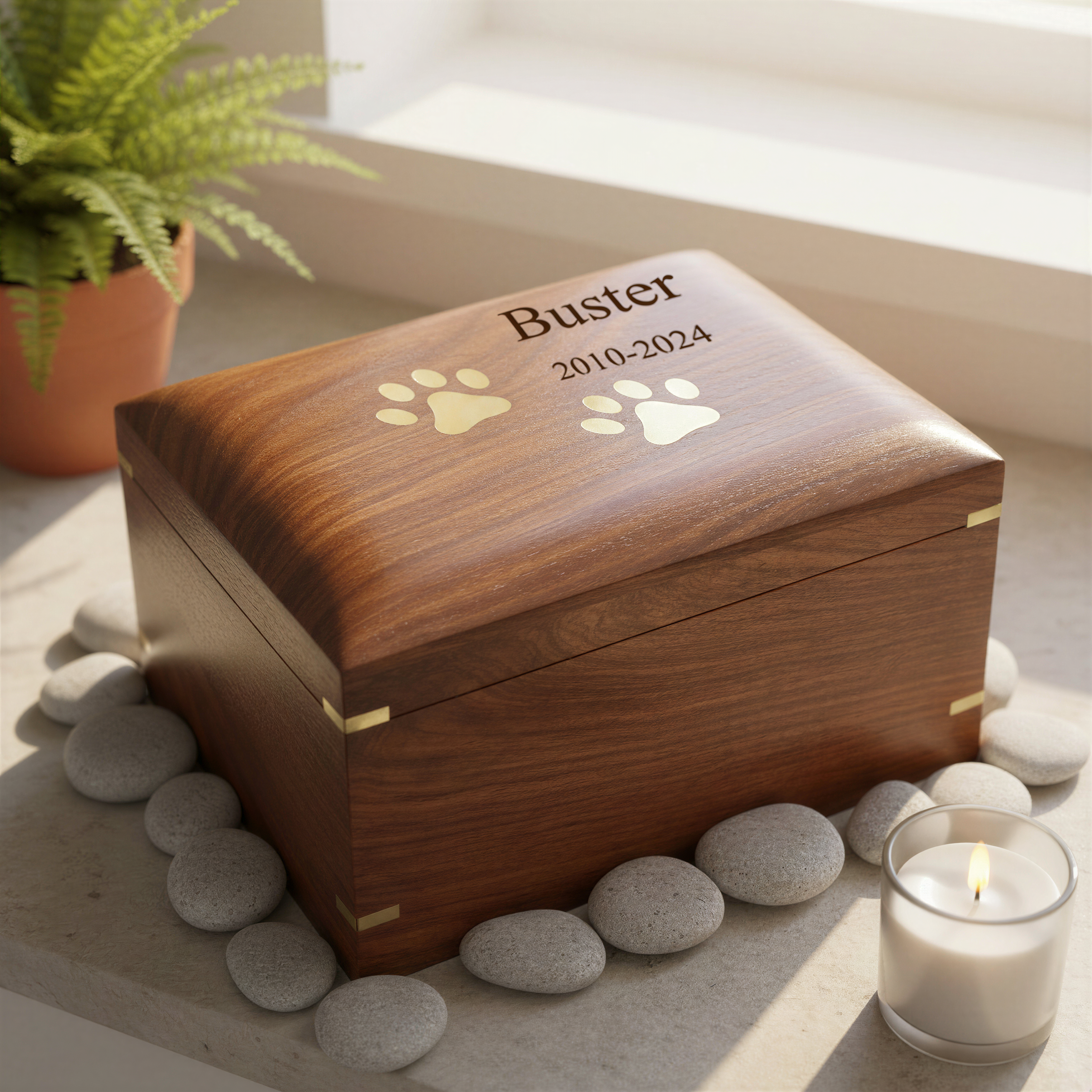 Large Personalised Handmade Wooden Pet Urn Box For Dogs With Brass Paw Inlays ukgiftstoreonline