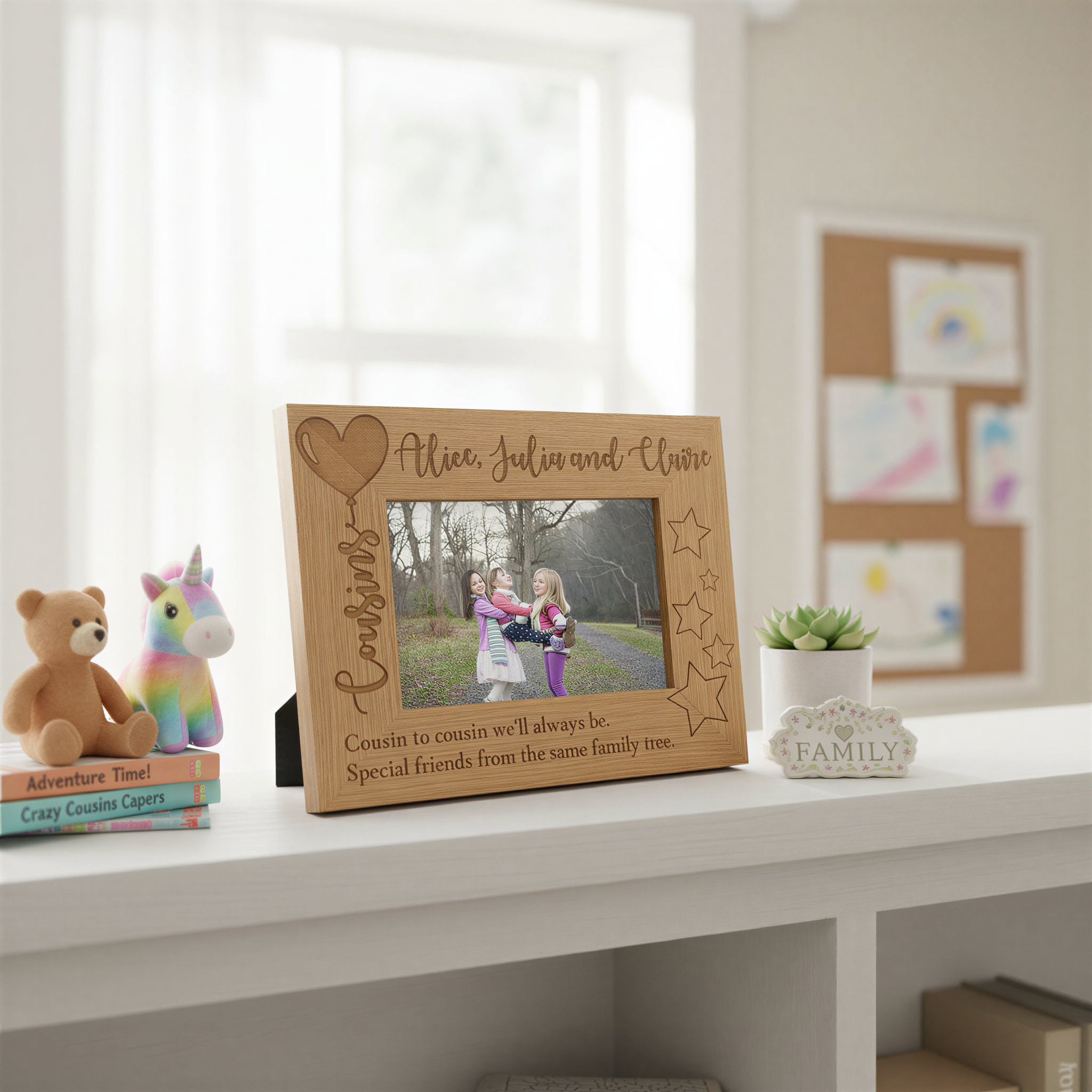 Personalised Cousins Engraved Wooden Photo Frame Balloon Design Photo Frame ukgiftstoreonline