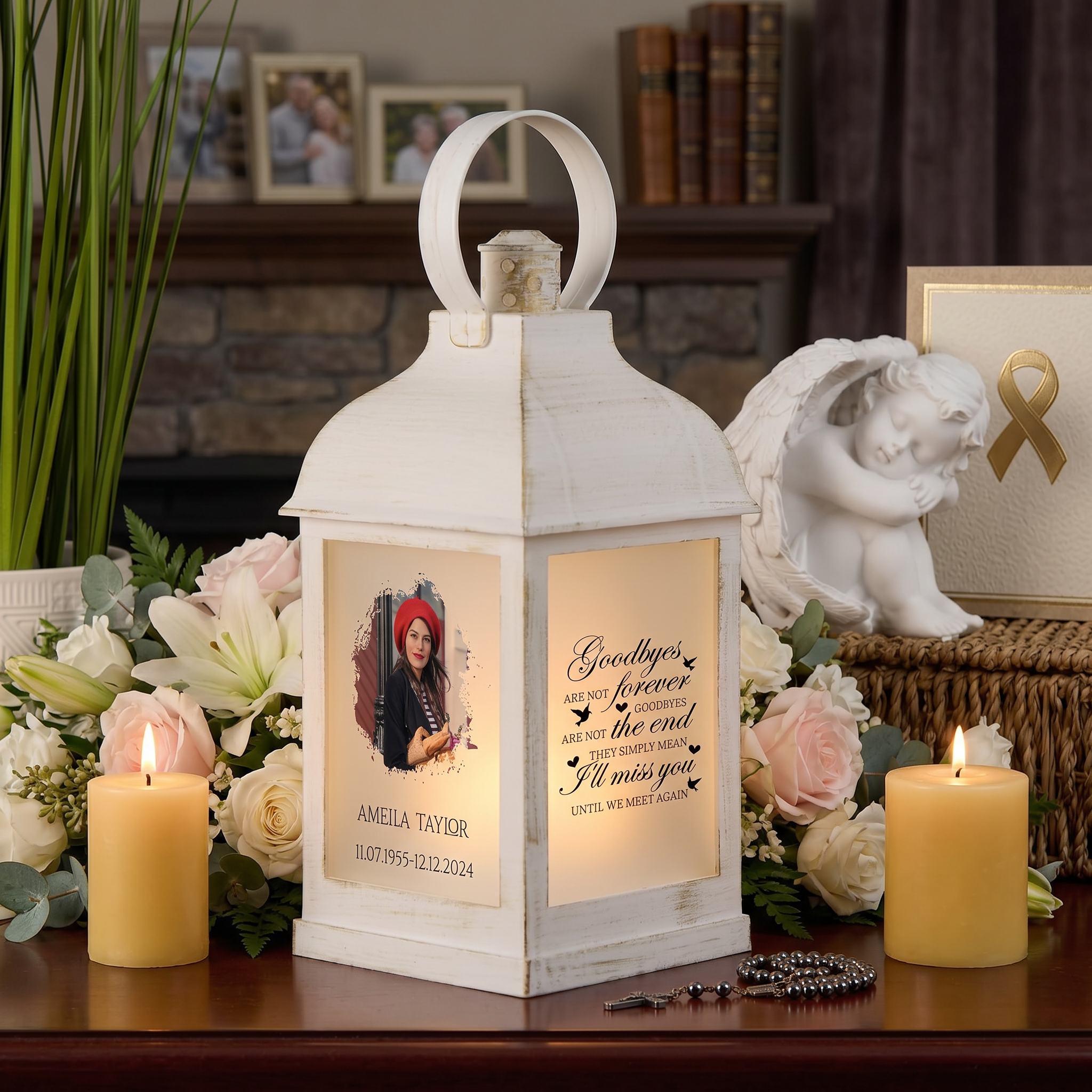 Personalised Memorial Photo Upload Lantern, Memorial Candle, Goodbyes are not forever memorial lantern ukgiftstoreonline