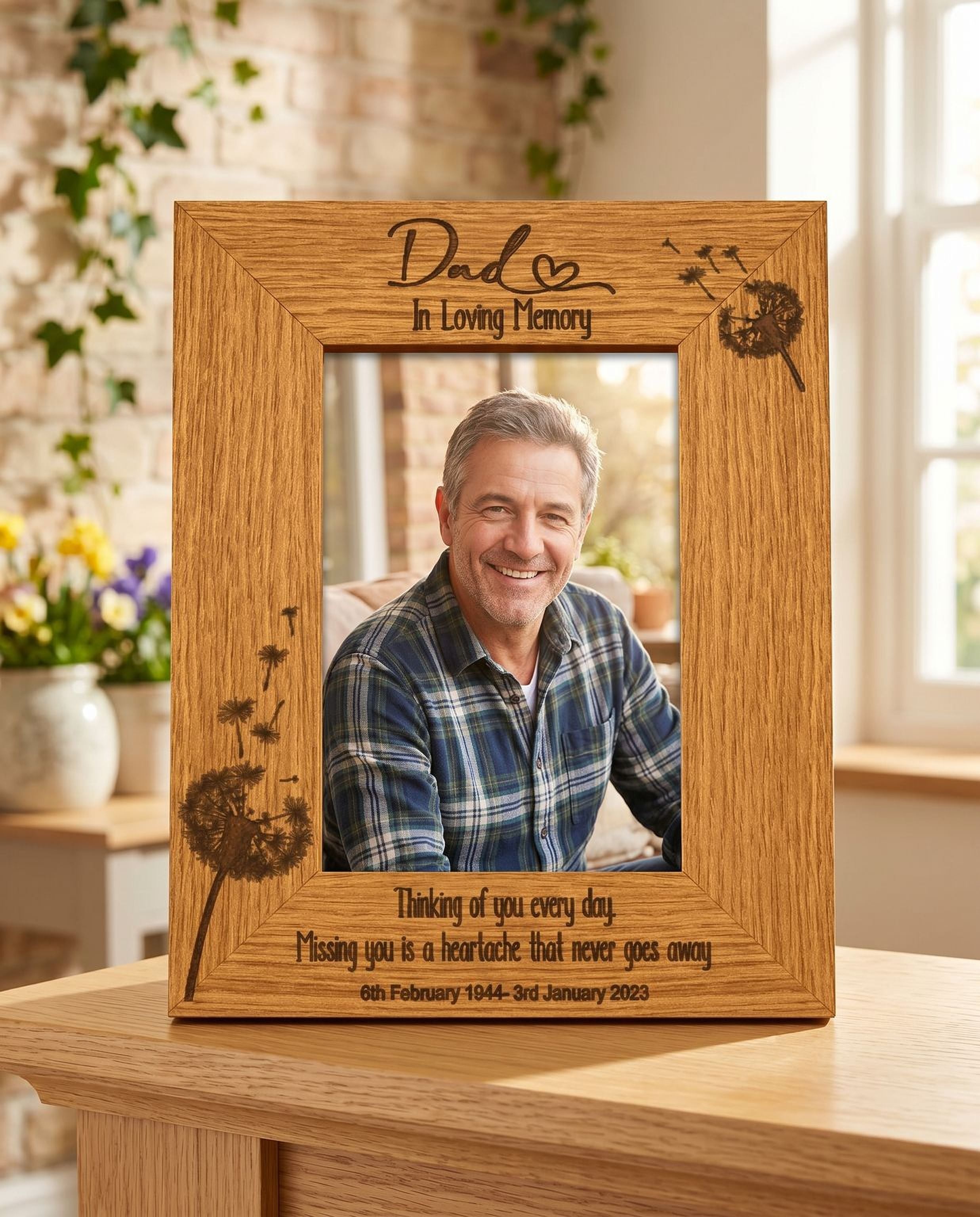 Dad Remembrance Photo Frame Personalised Portrait With Dandelions personalised photo frames ukgiftstoreonline