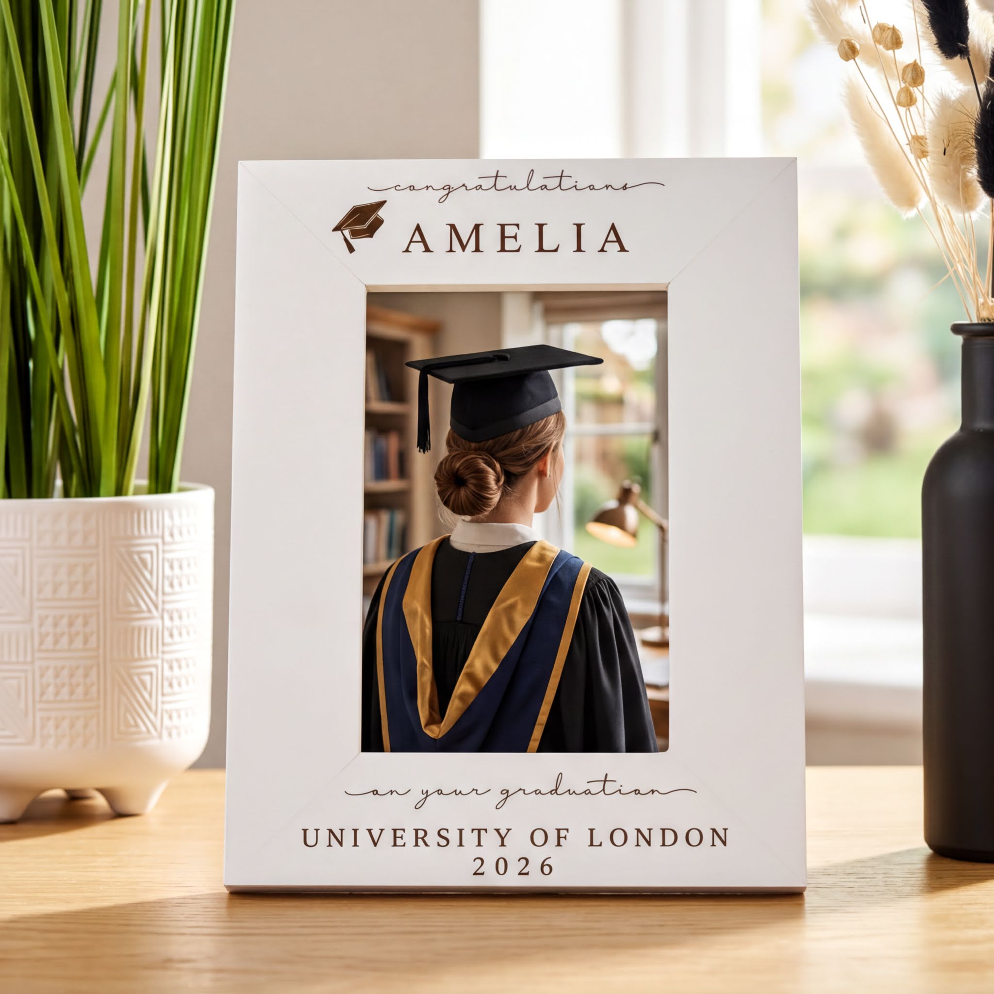 Personalised White Wooden Engraved Graduation Photo Frame Gift For University Graduate ukgiftstoreonline