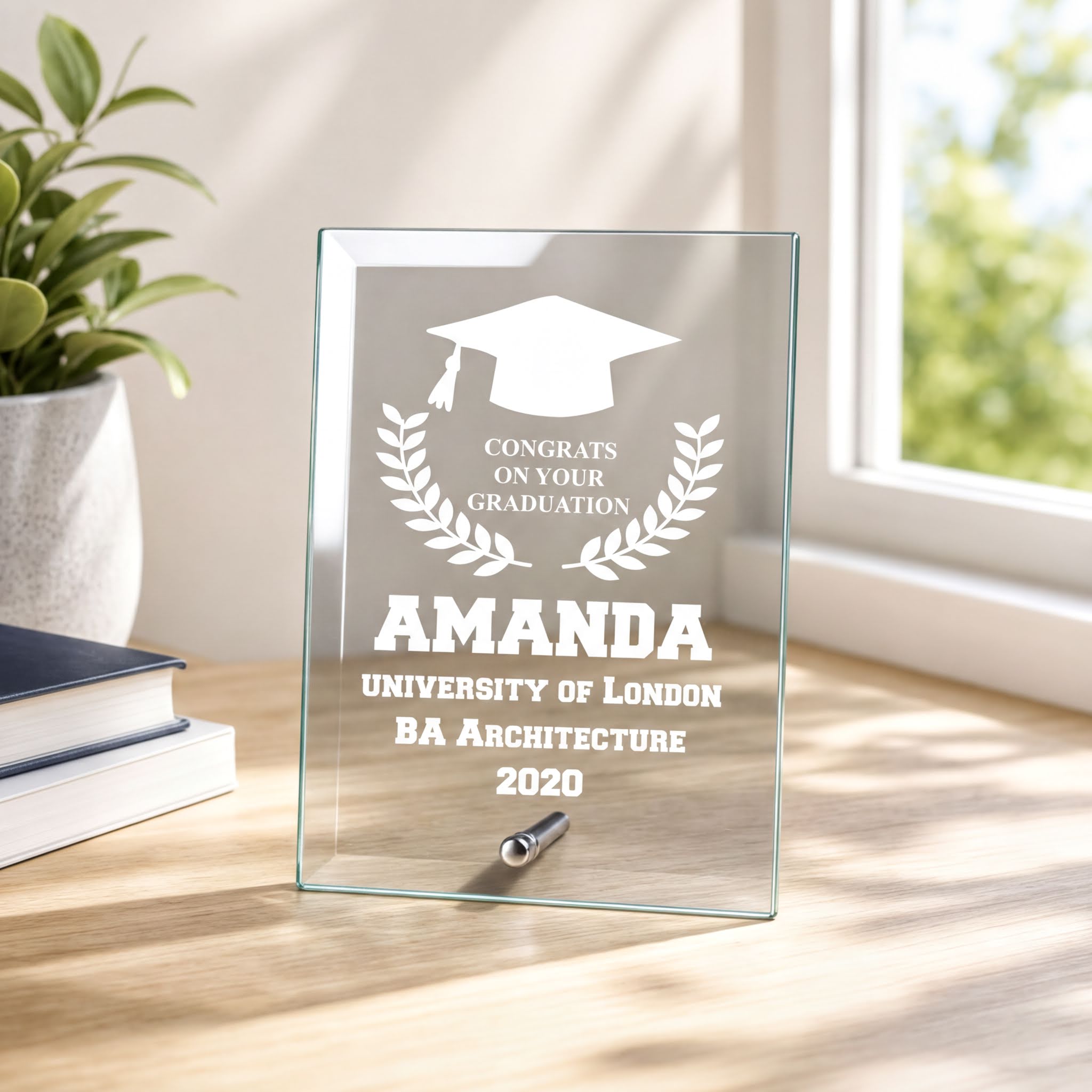 Personalised Graduation congratulations Laurel Design Glass Plaque Personalised Gifts ukgiftstoreonline