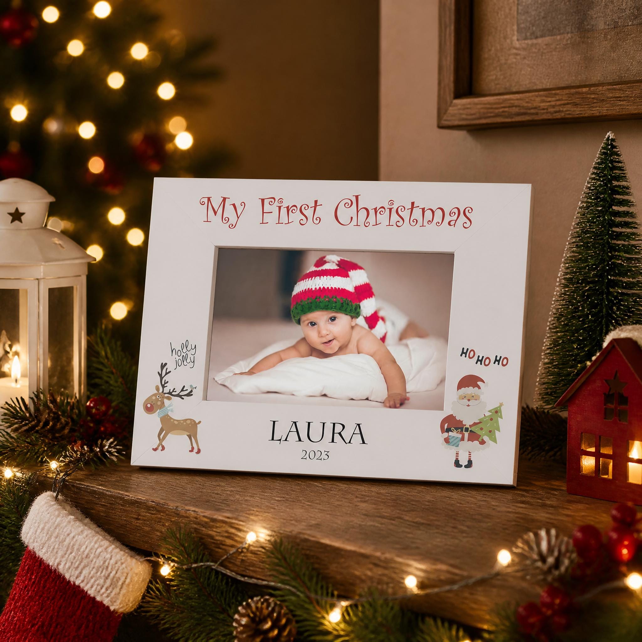 A white picture frame with a photo of a baby wearing a red and white striped hat, surrounded by Christmas decorations and lights.