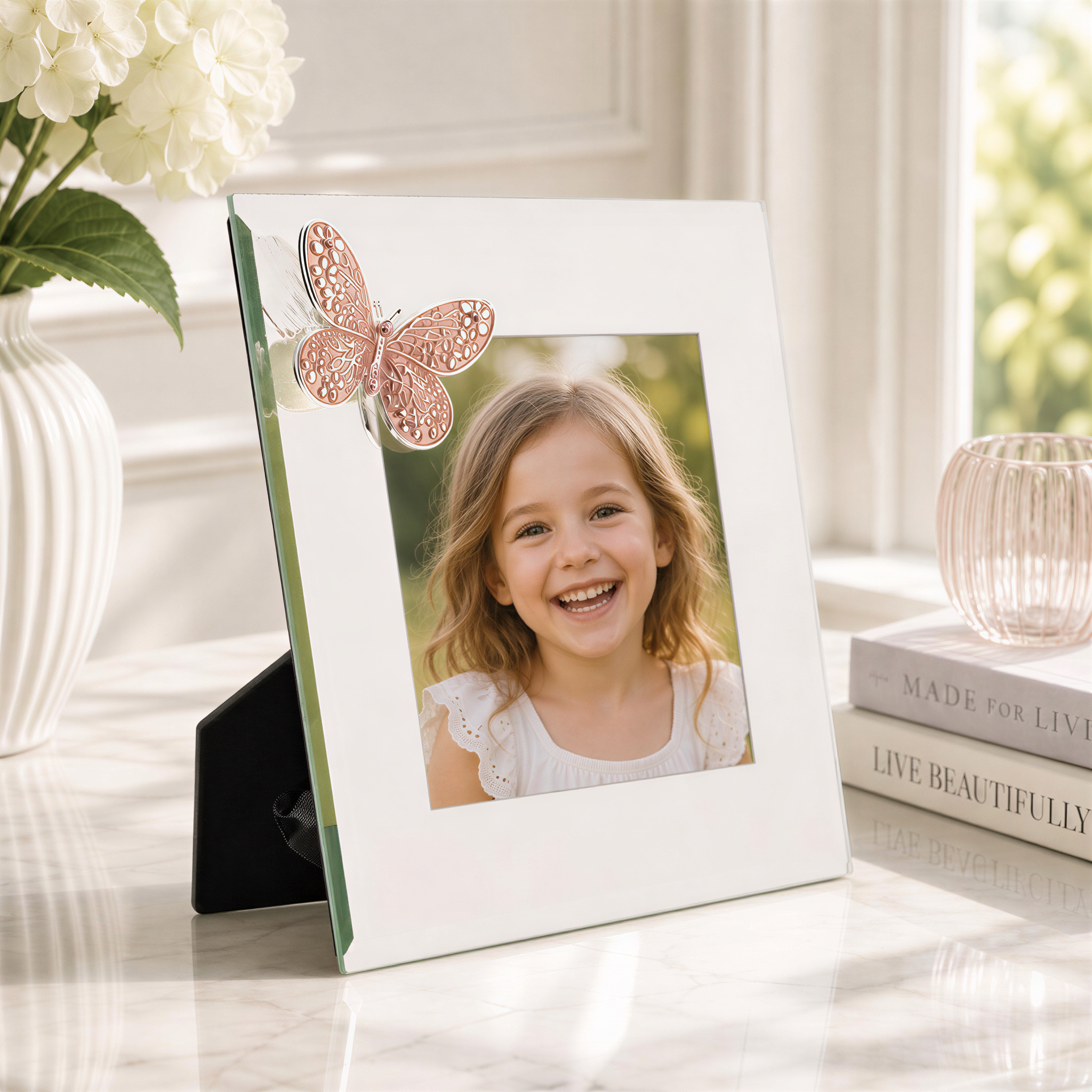 A young girl with a bright smile is the focus of a white picture frame with a butterfly decoration, placed on a marble surface next to a vase of white flowers and a stack of books.