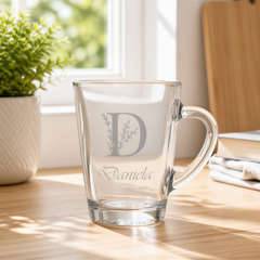 Personalised Glass Mug, Engraved Name Leaf Alphabet, 280Cc Tea Cup Personalised Birthday Gift ukgiftstoreonline