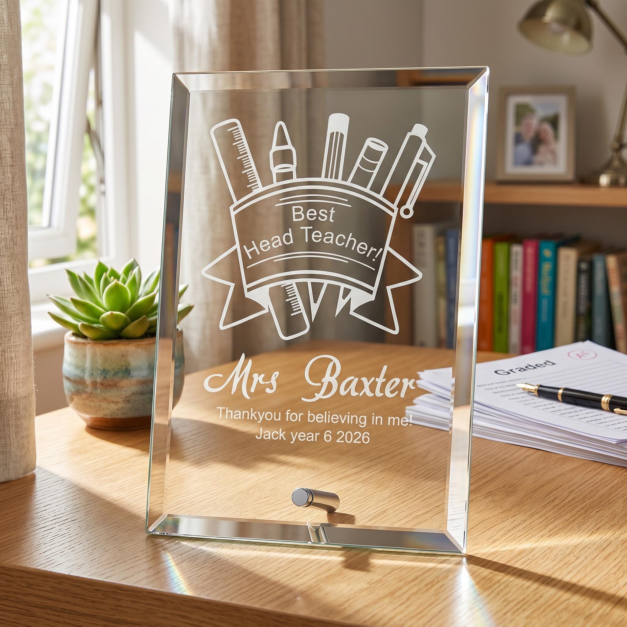 A glass frame with a personalized message on it, placed on a wooden desk in front of a window.