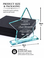 a product size and packaging for an Excellence Award. The award is a beautiful, perfectly sized and gift-boxed star-shaped award that comes in a black gift box. The award is presented to Bob Thompson, and it measures 18 cm (w) in width and 18 cm (h) in height. The award is ready to give, making it the perfect present for any occasion.