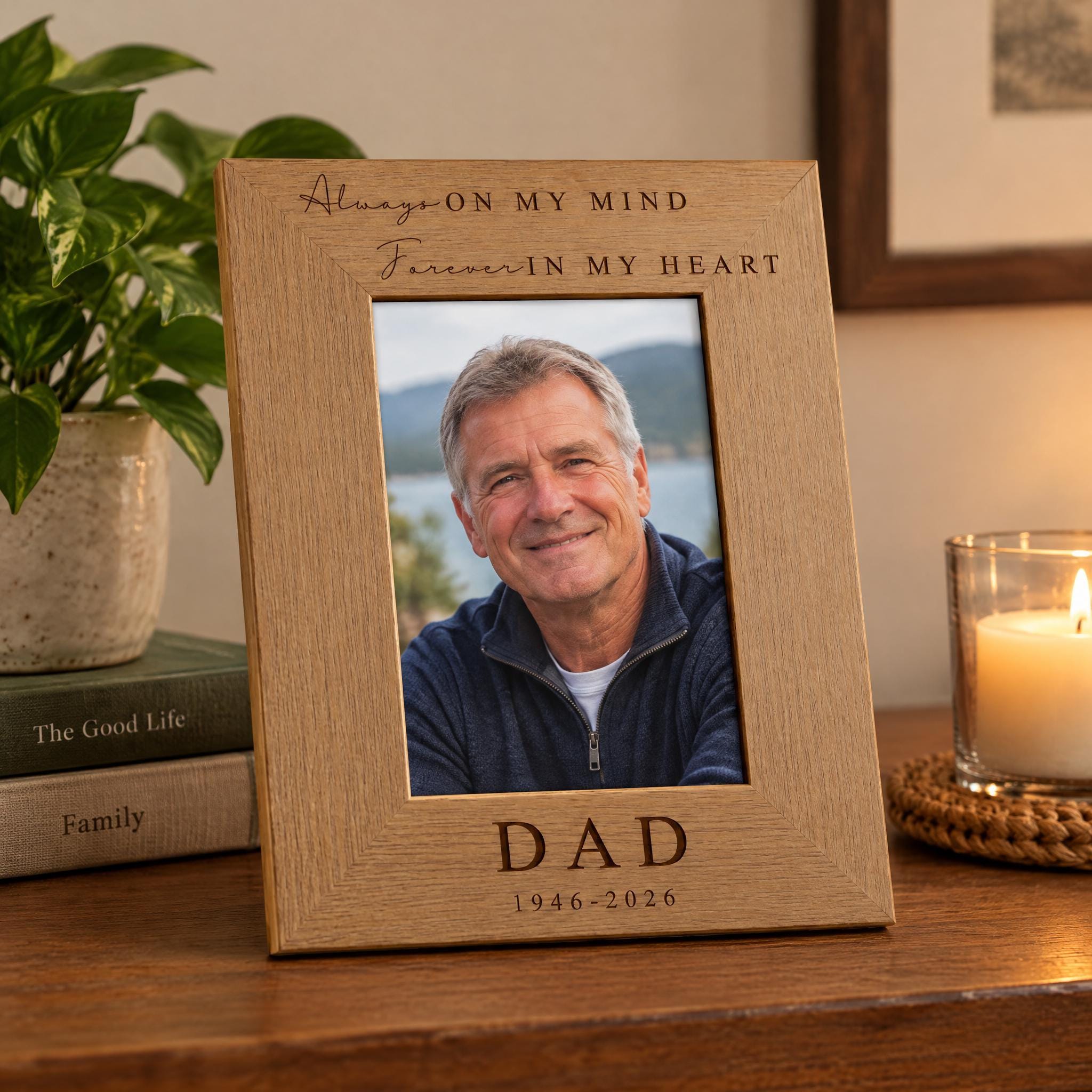 A wooden picture frame with a photograph of a smiling older man, placed on a wooden surface next to a candle and some books.