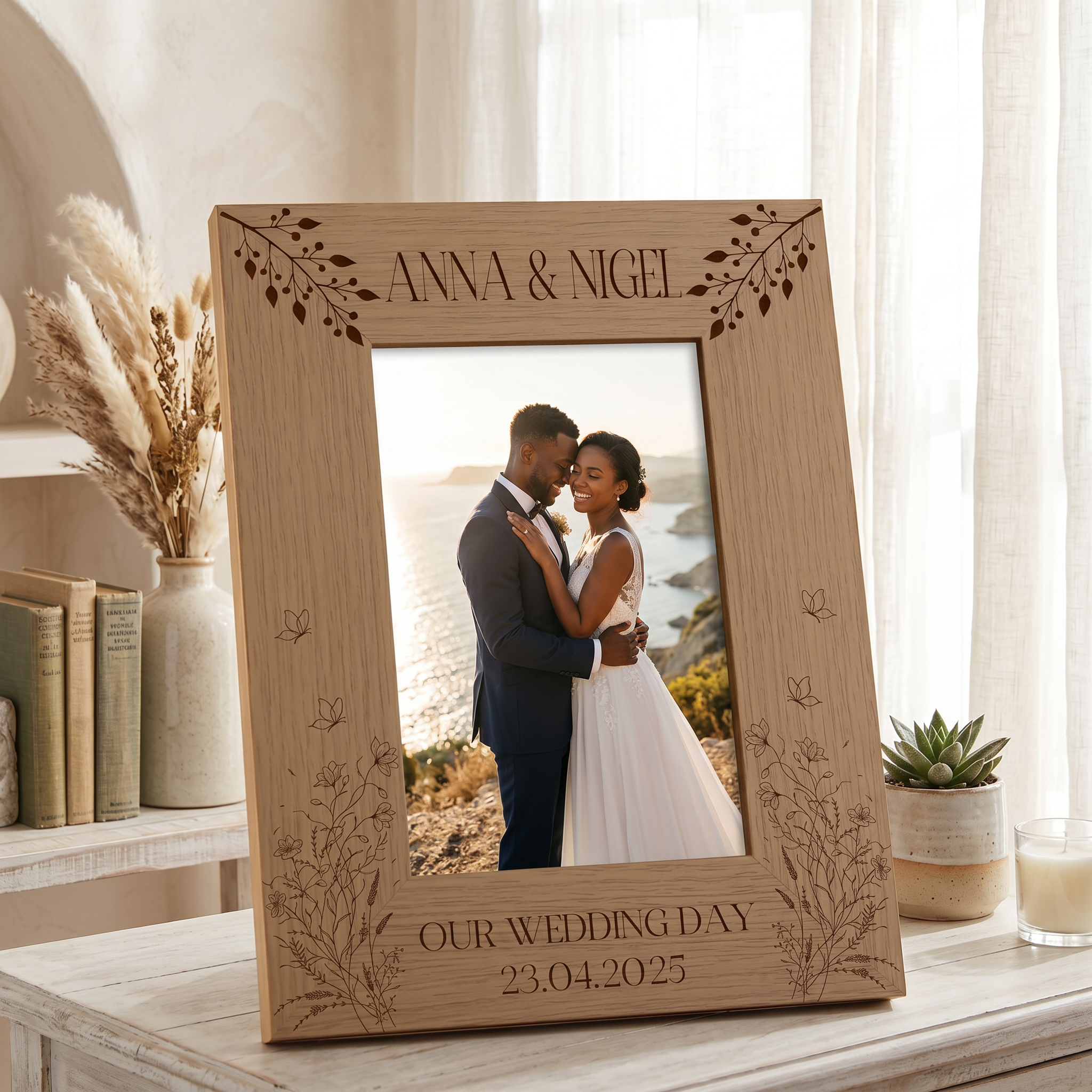 Personalised Wooden Engraved Photo Frames Wedding Any Message Multiple Sizes With Wildflowers Photo Frame ukgiftstoreonline 8 x 10 Inch Portrait