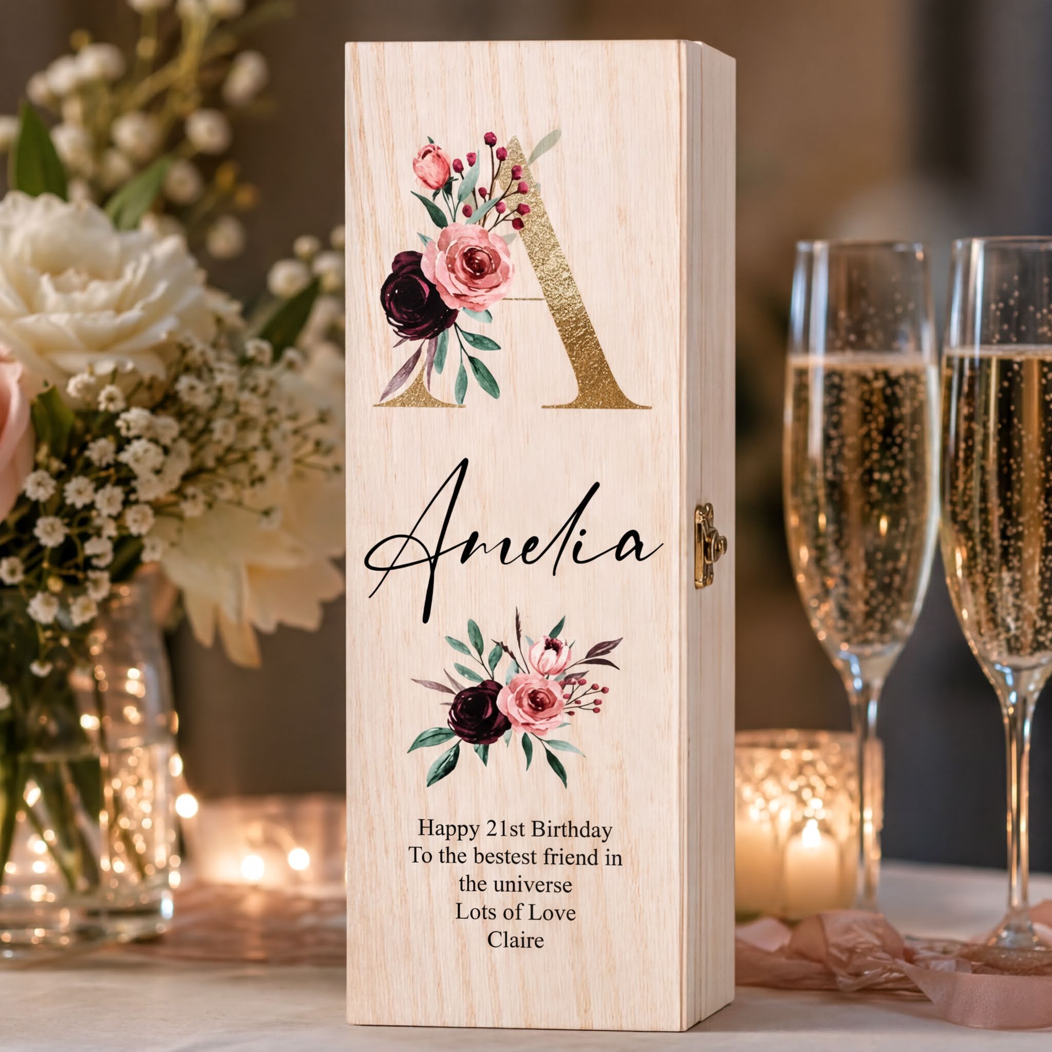 Personalised Monogram and Sentiment Wooden Wine or Champagne Box Gift Champagne Bottle Holders ukgiftstoreonline