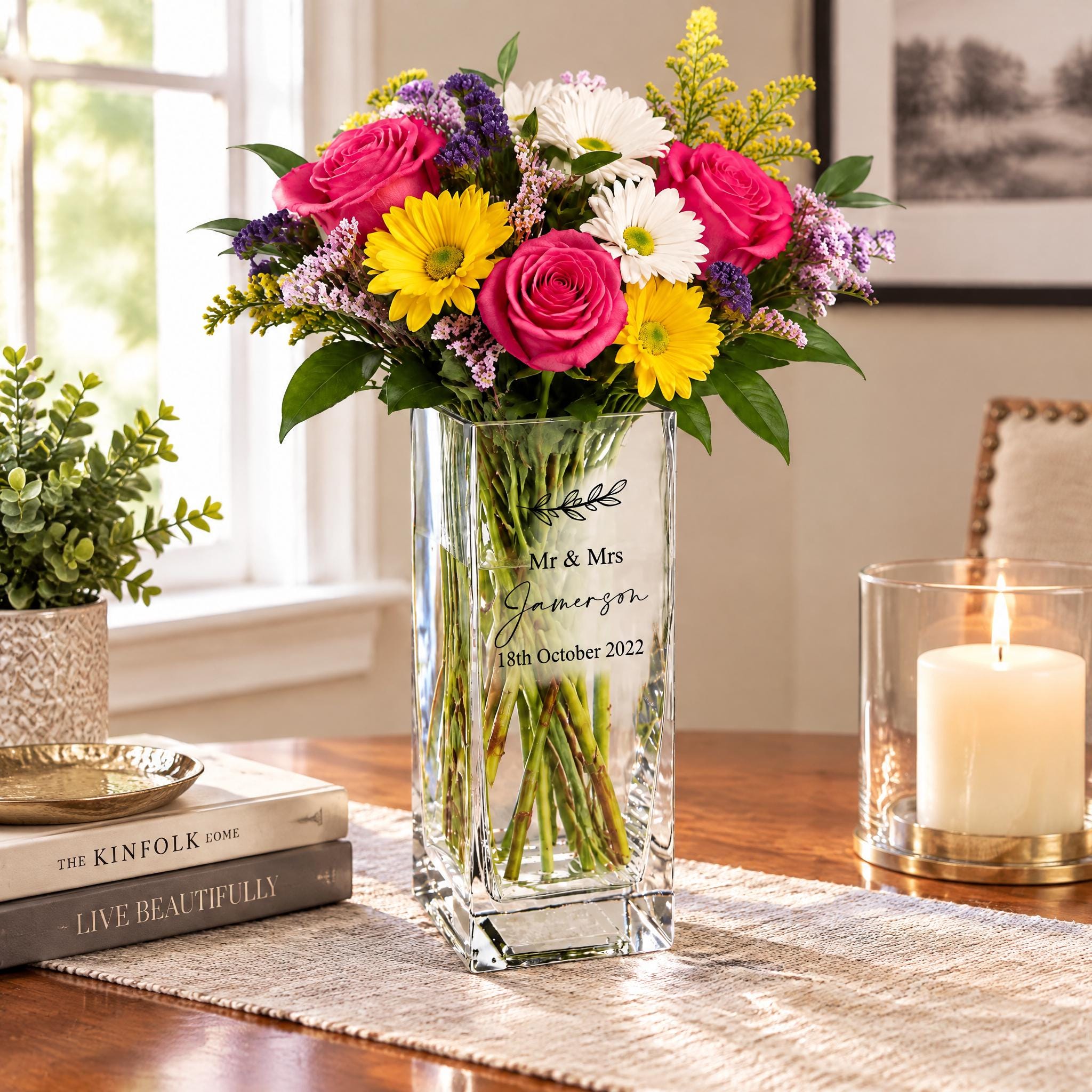 A clear glass vase filled with a colorful bouquet of roses, daisies, and gerbera daisies sits on a wooden table, with a candle and a book nearby.