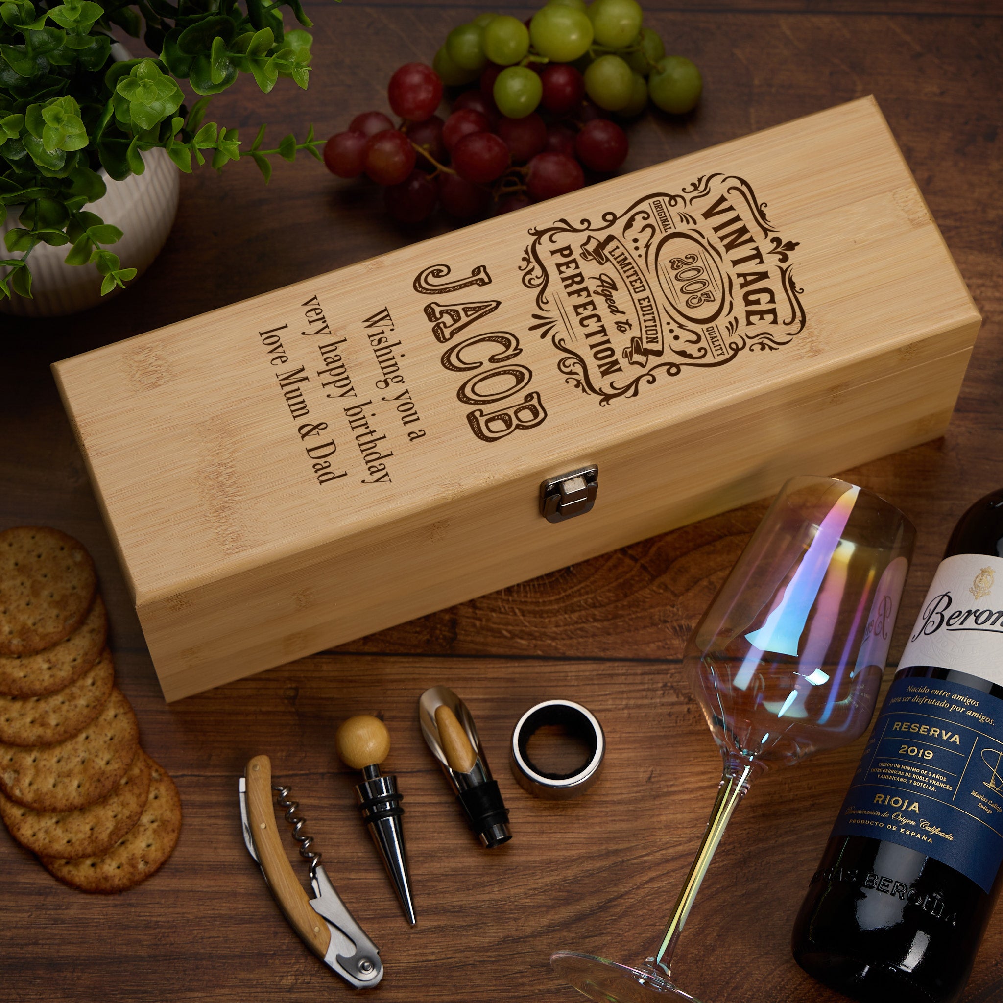 Personalised Birthday Wine Box Storage With 4 Wine Accessories Set Personalised Wine Glasses ukgiftstoreonline