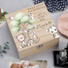 Personalised Wooden Baby Memory Keepsake Box With Woodland Animals