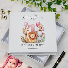 Personalised 1st birthday photo Album Boy or Girl Safari Theme In Gift Box