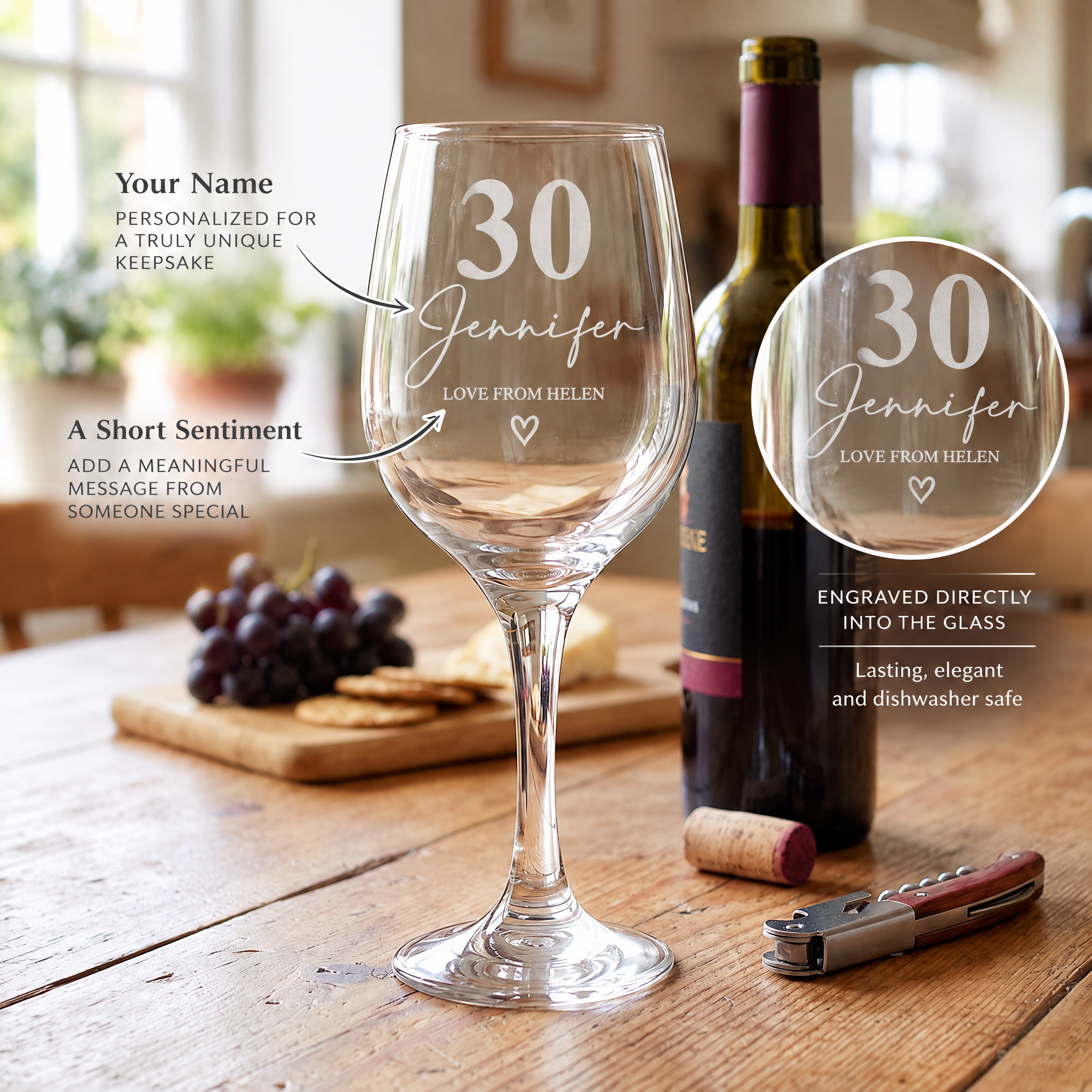 Personalised 30th Birthday Engraved Wine Glass Gift Name & Sentiment Personalised Wine Glasses ukgiftstoreonline
