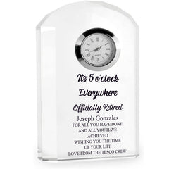 Personalised Retirement Gift Crystal Glass Clock Its 5 o'clock Everywhere