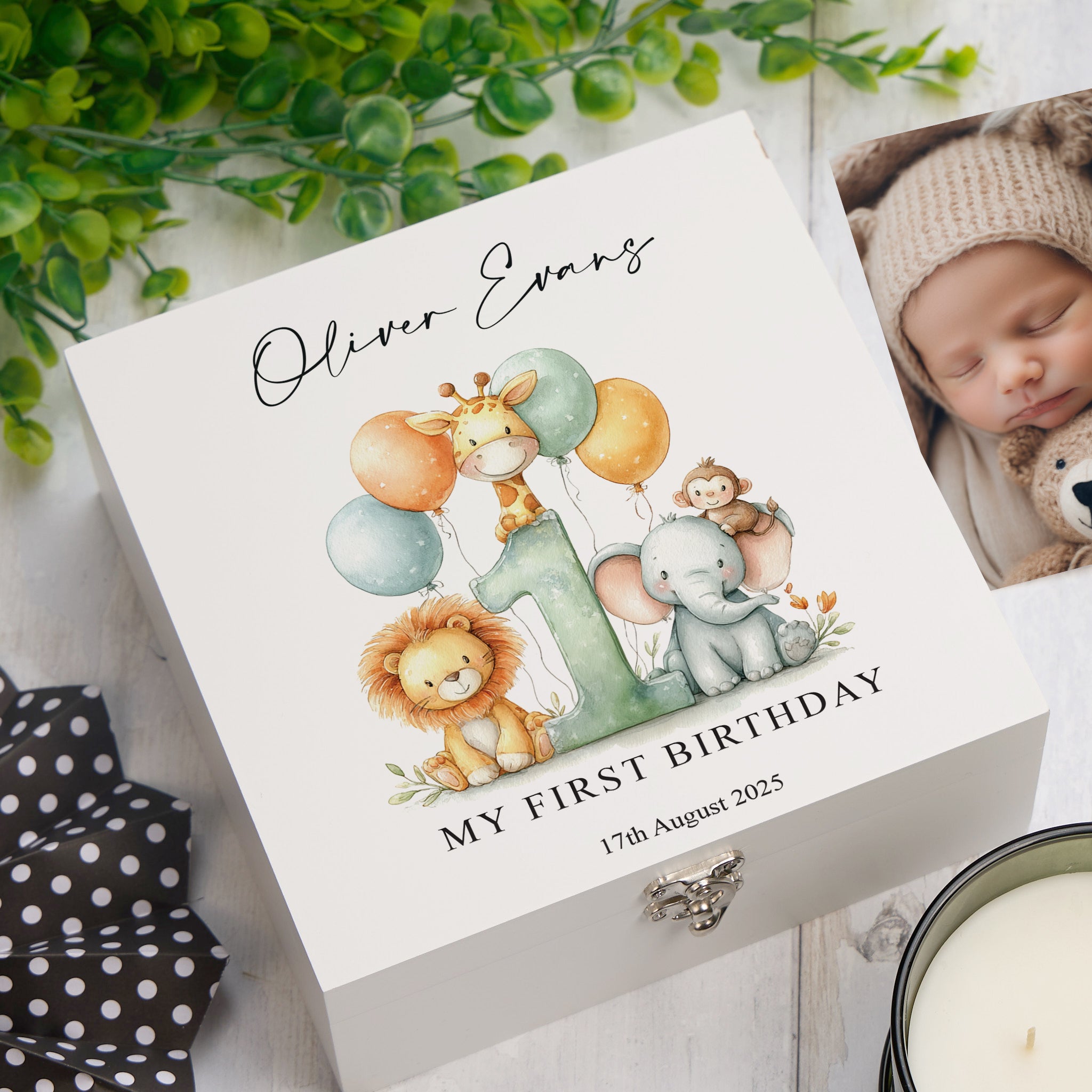 Personalised 1st Birthday Keepsake Memory Box Gift With Jungle Animals Photo Frame ukgiftstoreonline Wood Box Medium Green