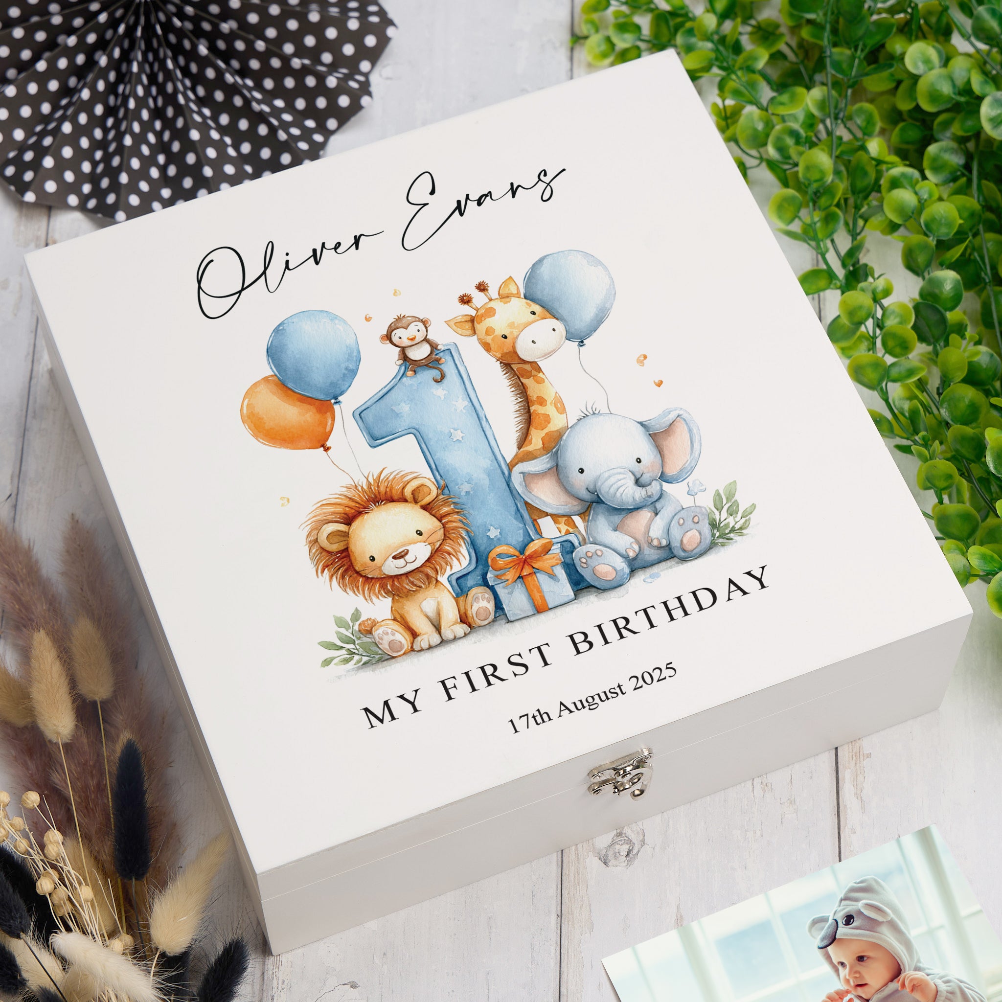 Personalised 1st Birthday Keepsake Memory Box Gift With Jungle Animals Photo Frame ukgiftstoreonline Wood Box Medium Blue