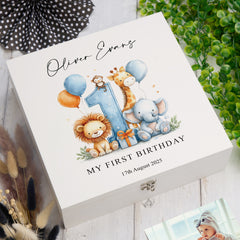 Personalised 1st Birthday Keepsake Memory Box Gift With Jungle Animals Photo Frame ukgiftstoreonline Wood Box Medium Blue