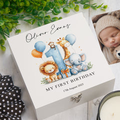 Personalised 1st Birthday Keepsake Memory Box Gift With Jungle Animals Photo Frame ukgiftstoreonline Wood Box Large Blue
