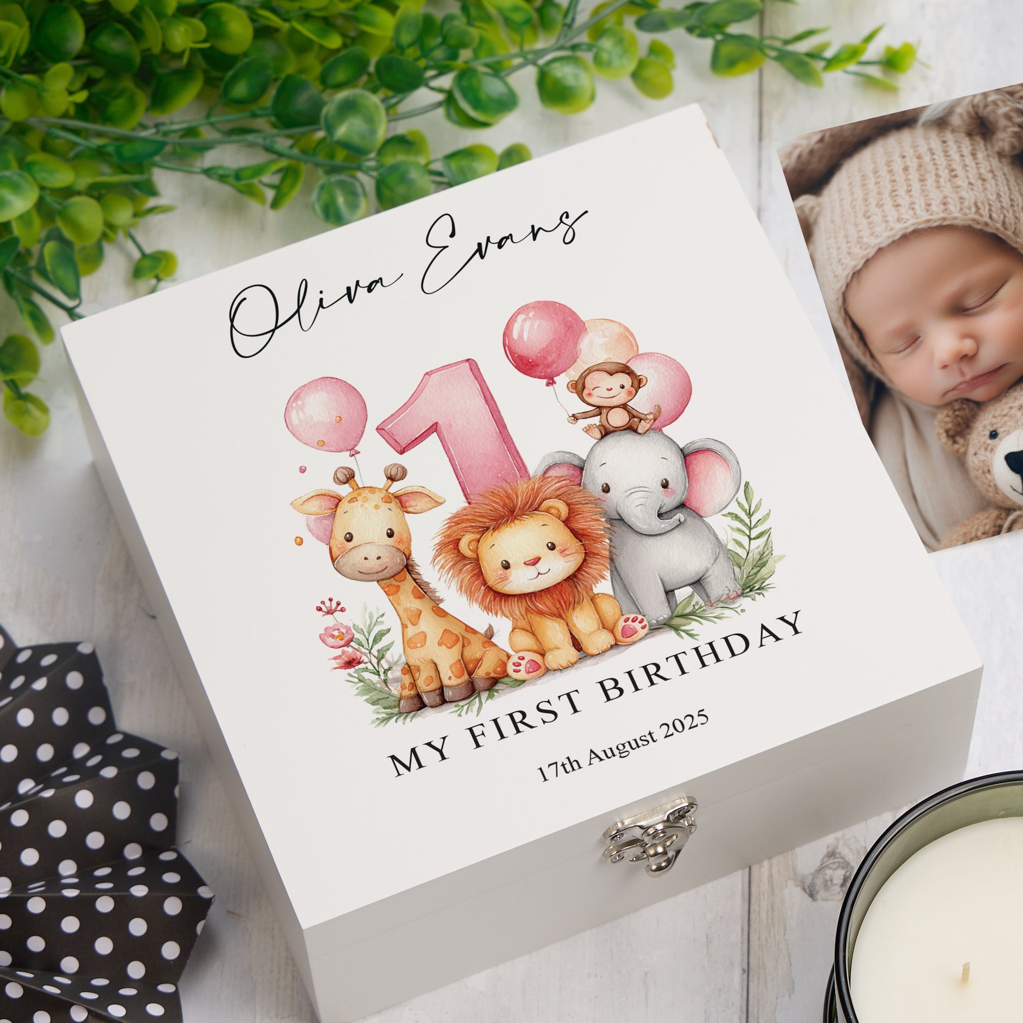 Personalised 1st Birthday Keepsake Memory Box Gift With Jungle Animals Photo Frame ukgiftstoreonline Wood Box Large Pink