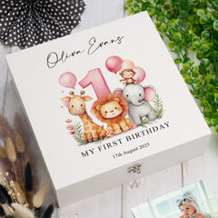 Personalised 1st Birthday Keepsake Memory Box Gift With Jungle Animals Photo Frame ukgiftstoreonline Wood Box Medium Pink