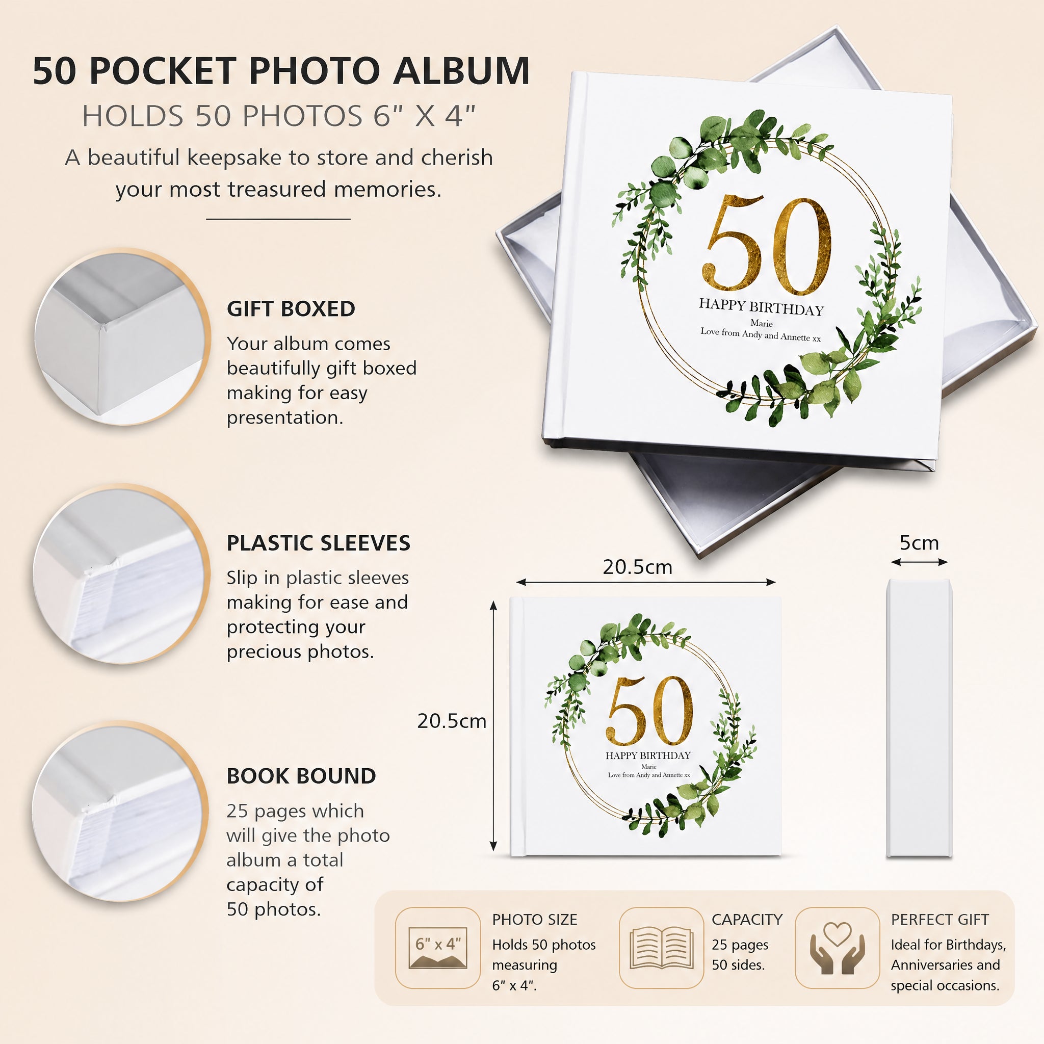 Personalised 50th Birthday Gift for her Photo Album Gold Wreath Design personalised photo frames ukgiftstoreonline