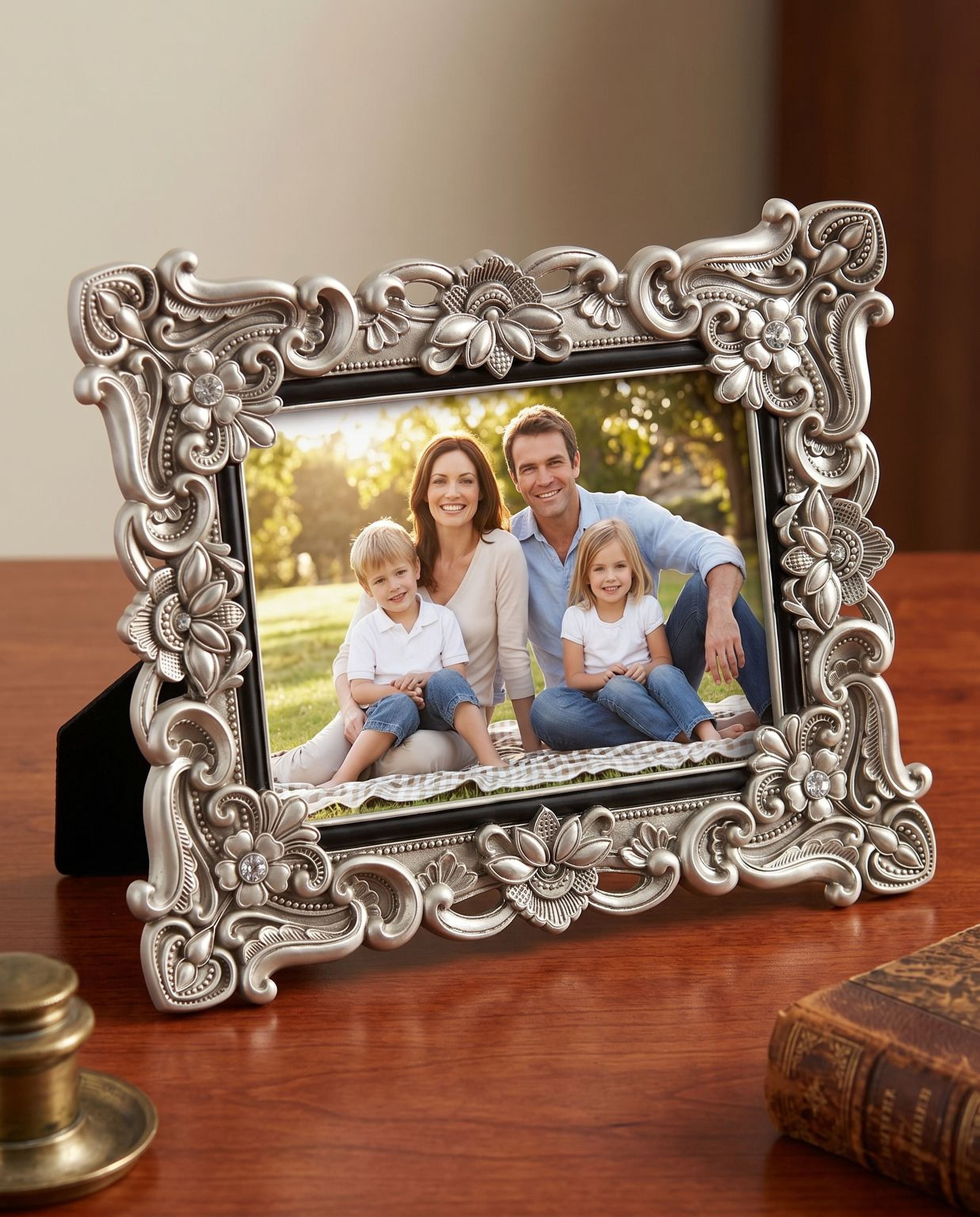 Vintage Style Antique Silver Floral Resin Frame With Crystals 4x6 photo frame ukgiftstoreonline