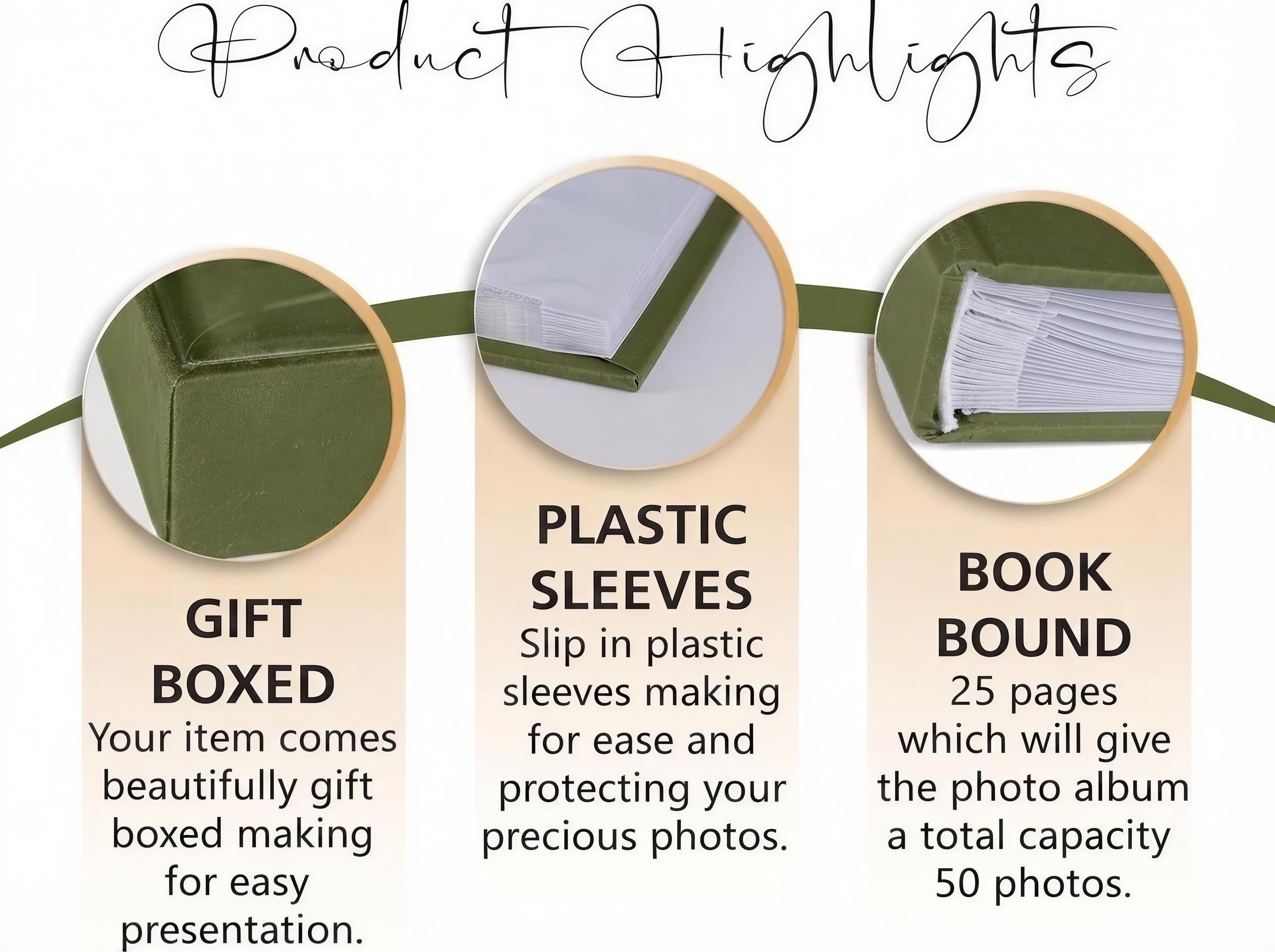 The image is a product highlights graphic that showcases three different types of photo albums: Gift Boxed, Plastic Sleeves, and Book Bound. Each type of album has unique features, such as the ability to slip in plastic sleeves for easy organization and protection of photos, and the capacity to hold 25 pages for a total capacity of 50 photos.