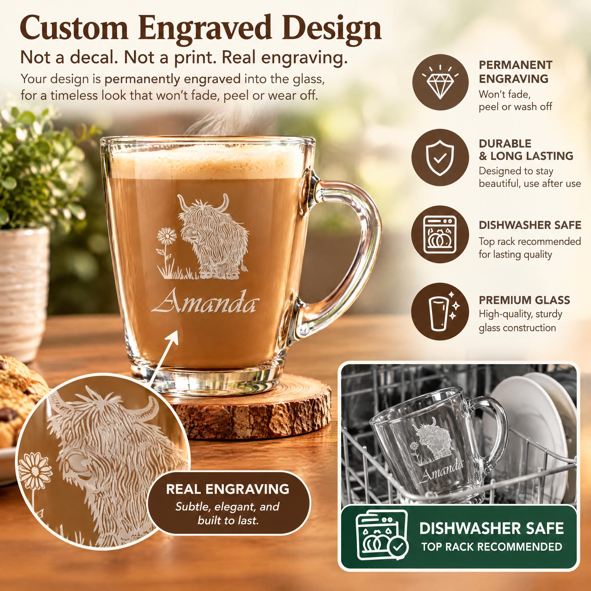 Personalised Engraved Glass Coffee Cup, Tea Cup, Any Name and Highland Cow Personalised Birthday Gift ukgiftstoreonline