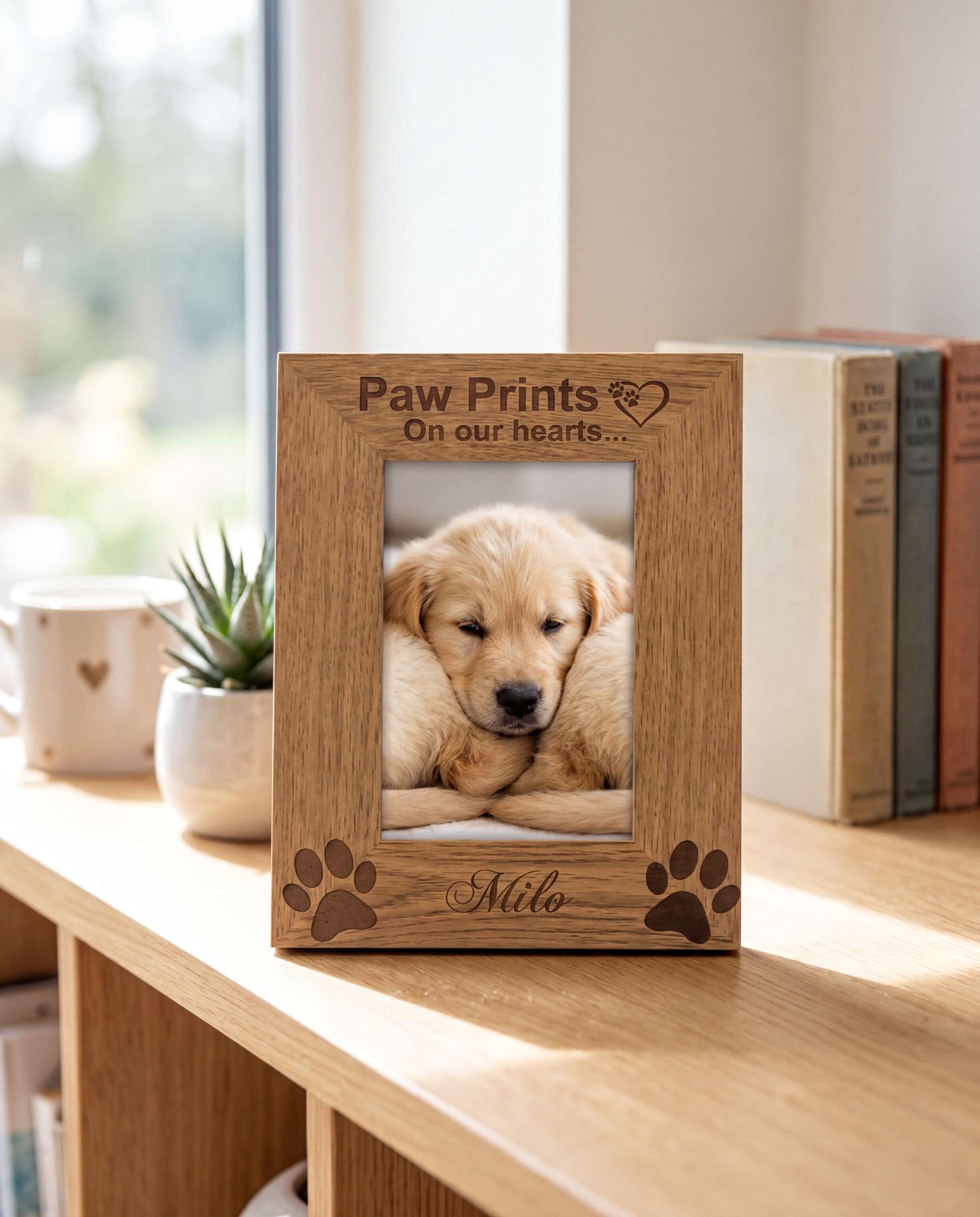 A wooden picture frame with a photo of a golden retriever puppy inside, sitting on a wooden surface. The frame has a personalized message engraved on it.