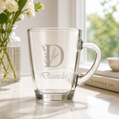 Personalised Glass Mug, Engraved Name Leaf Alphabet, 280Cc Tea Cup Personalised Birthday Gift ukgiftstoreonline