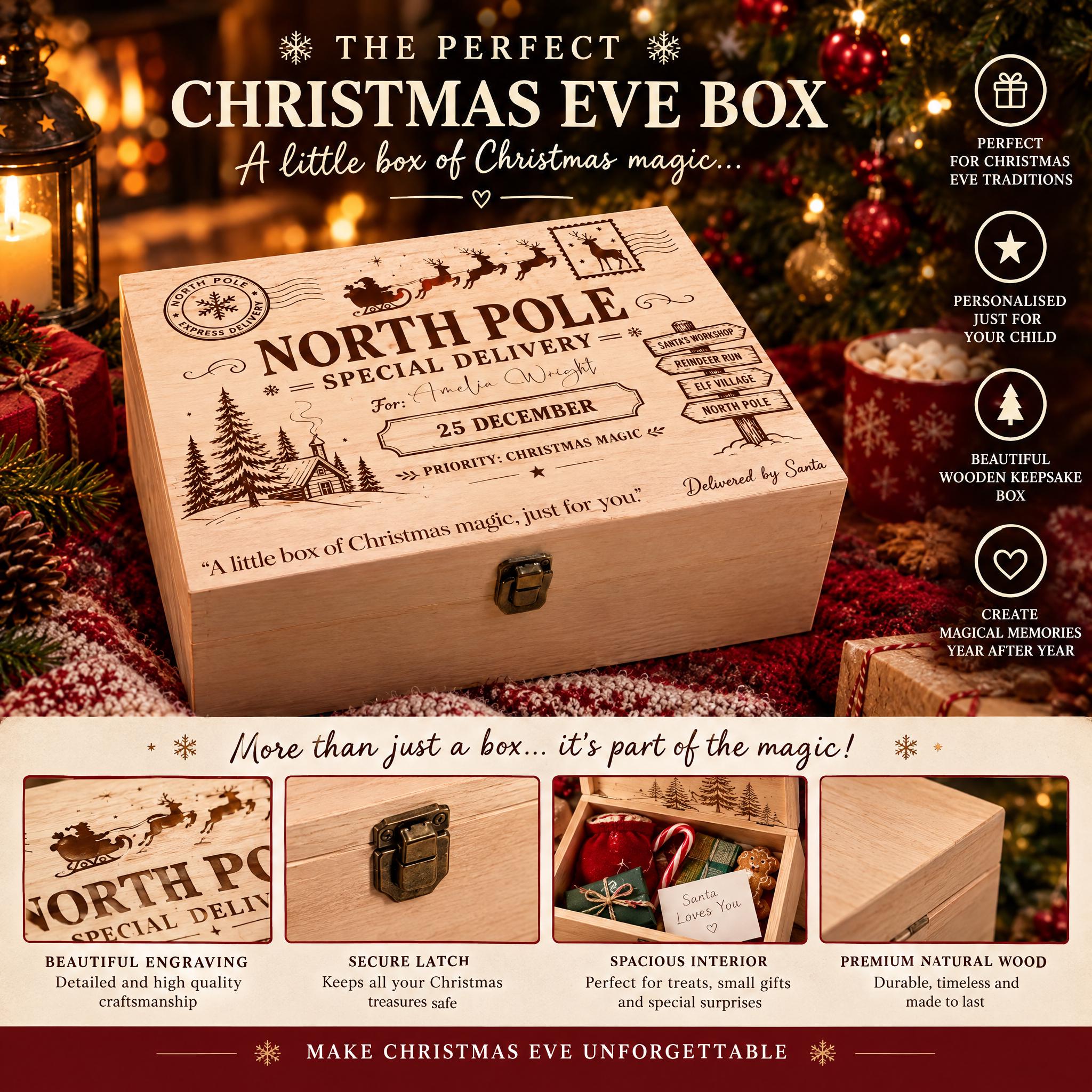 The image is an advertisement for a Christmas Eve box. It features a wooden box with a carved design and text, along with various descriptions of the box's features and benefits.