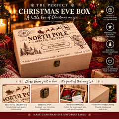The image is an advertisement for a Christmas Eve box. It features a wooden box with a carved design and text, along with various descriptions of the box's features and benefits.